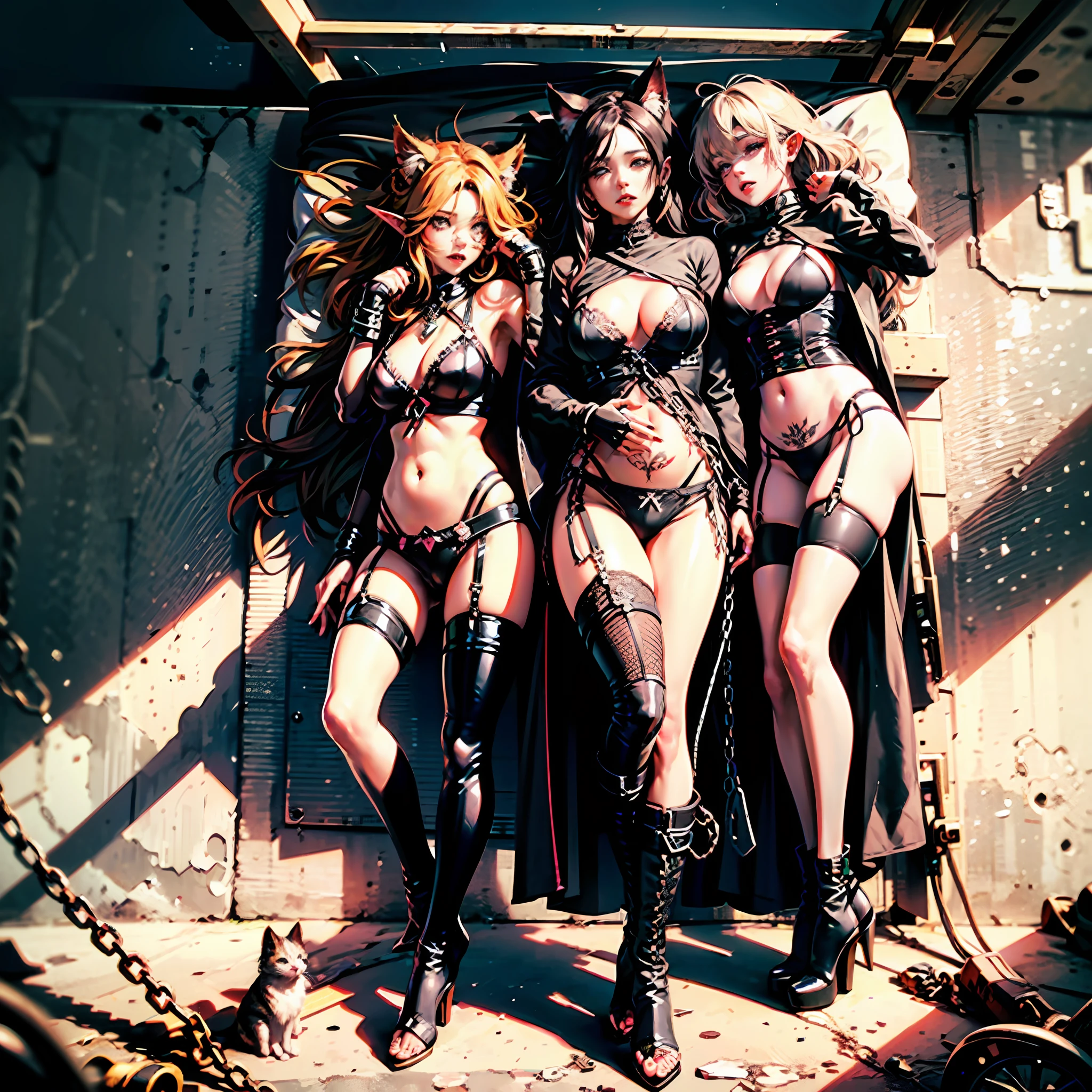 An sexy boy wearing latex lingerie, Panties and restraints,See-through installation,Lying on a midwifery bed,The chain is tied with iron chains, , Jade feet, Long hair, Blackface drooling eyes, Eyes of hope, ears of elf, Cat ears, Issuing, Cute tattoos,High-heeled boots --auto