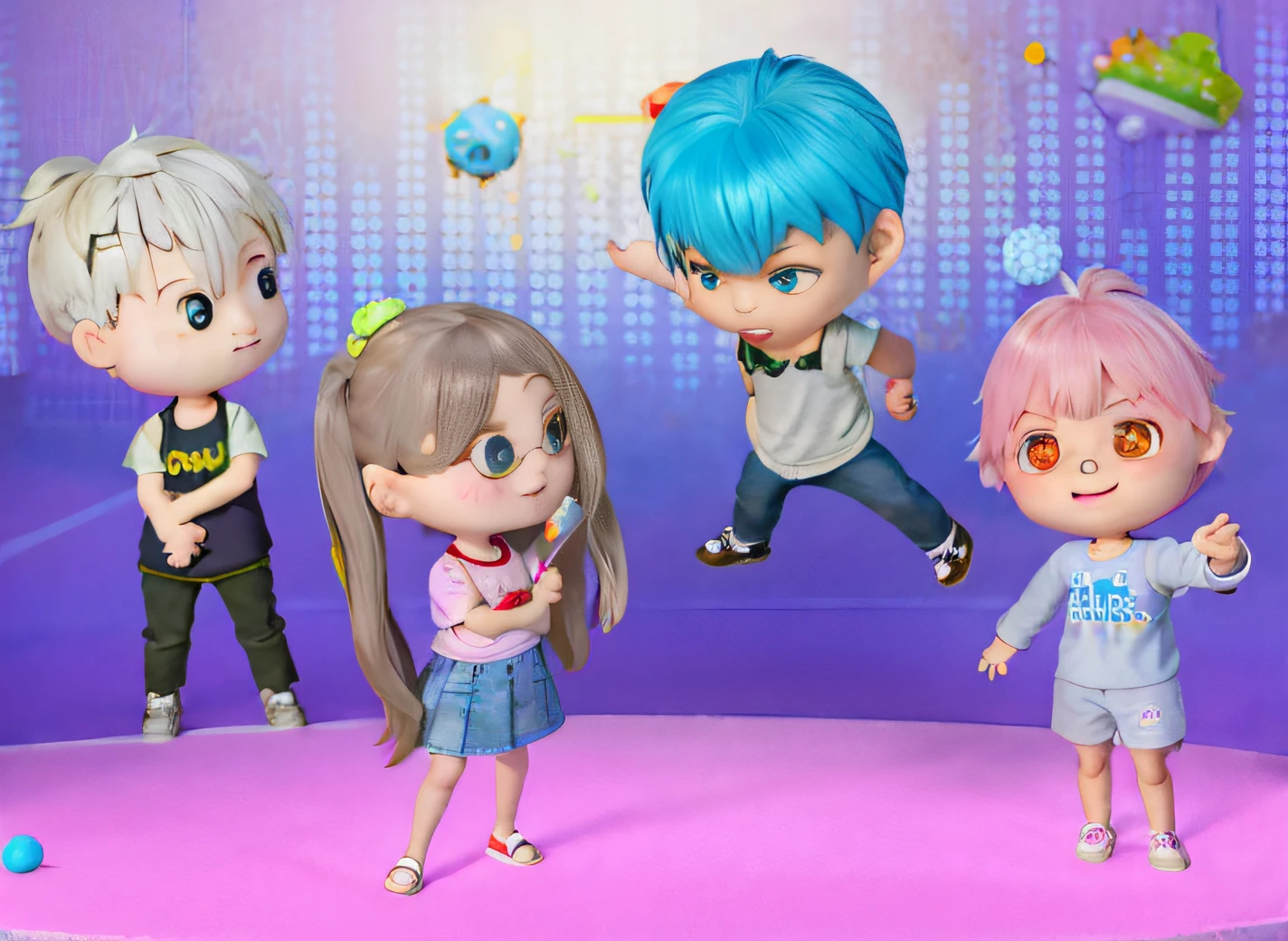 The image of Aalfeld with a group of cartoon characters standing on the stage, anime styled 3d, Stylized anime, live2d virtual youtuber model, 3D characters, inspired gacha club game, kpop star, kawaii hq render, chibiStyle, style as nendoroid, 3 d desenho animado, Anime Stylization, Realistic anime 3 D style, animation style render