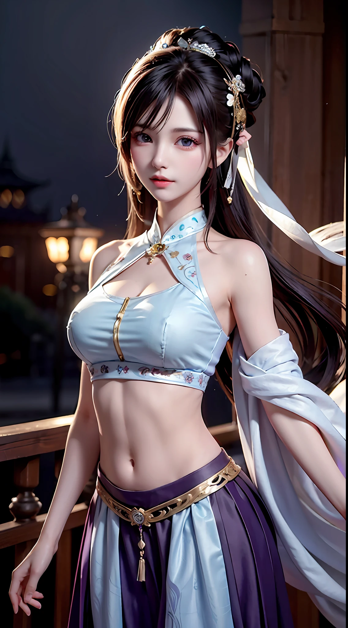 Bust photo, a beautiful woman, messy hair, girly, symmetrical bun, hair accessories, jewelry, delicate face, eye shadow, purple top, purple, purple, crop navel, purple long skirt, Dunhuang style, delicate embroidery, silver decoration, silver streamer, white streamer, light blue streamer, delicate skin, soft light effect, delicate and smooth hair, delicate details, eye highlights, fair skin, fine portrayal, extreme details, cinematic quality, thin, slender, broken, hair details, thin bangs, shawl hair, right body, shadow, air bangs, 8K, super fine, fine fabric texture, soft, smooth, smooth texture, Dunhuang style, delicate pattern, correct hand painting, anatomy correct, accurate, night, dark night, lighting, Tyndall effect, ray tracing, HUD,