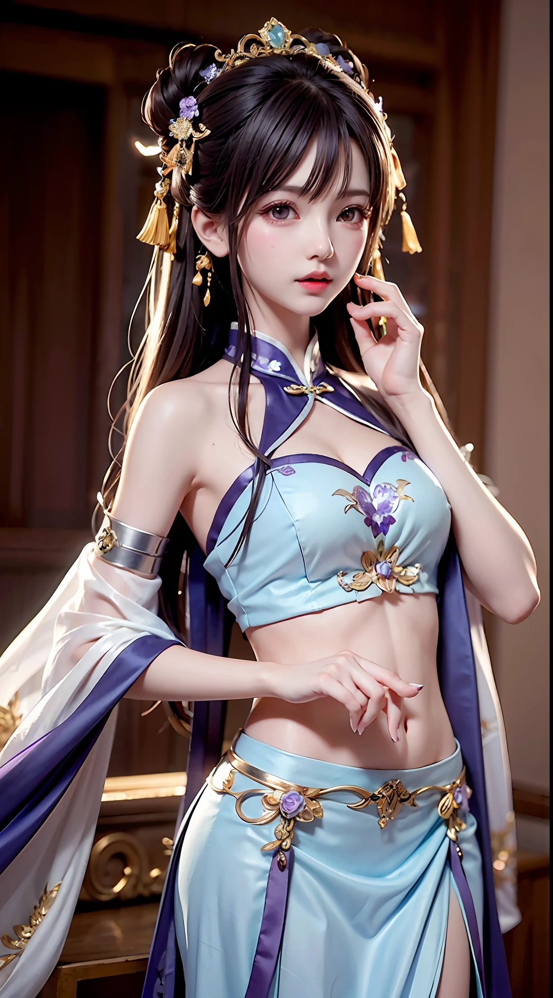 Bust photo, a beautiful woman, messy hair, girly, symmetrical bun, hair accessories, jewelry, delicate face, eye shadow, purple top, purple, purple, crop navel, purple long skirt, Dunhuang style, delicate embroidery, silver decoration, silver streamer, white streamer, light blue streamer, delicate skin, soft light effect, delicate and smooth hair, delicate details, eye highlights, fair skin, fine portrayal, extreme details, cinematic quality, thin, slender, broken, hair details, thin bangs, shawl hair, right body, shadow, air bangs, 8K, super fine, fine fabric texture, soft, smooth, smooth texture, Dunhuang style, delicate pattern, correct hand painting, anatomy correct, accurate, night, dark night, lighting, Tyndall effect, ray tracing, HUD,