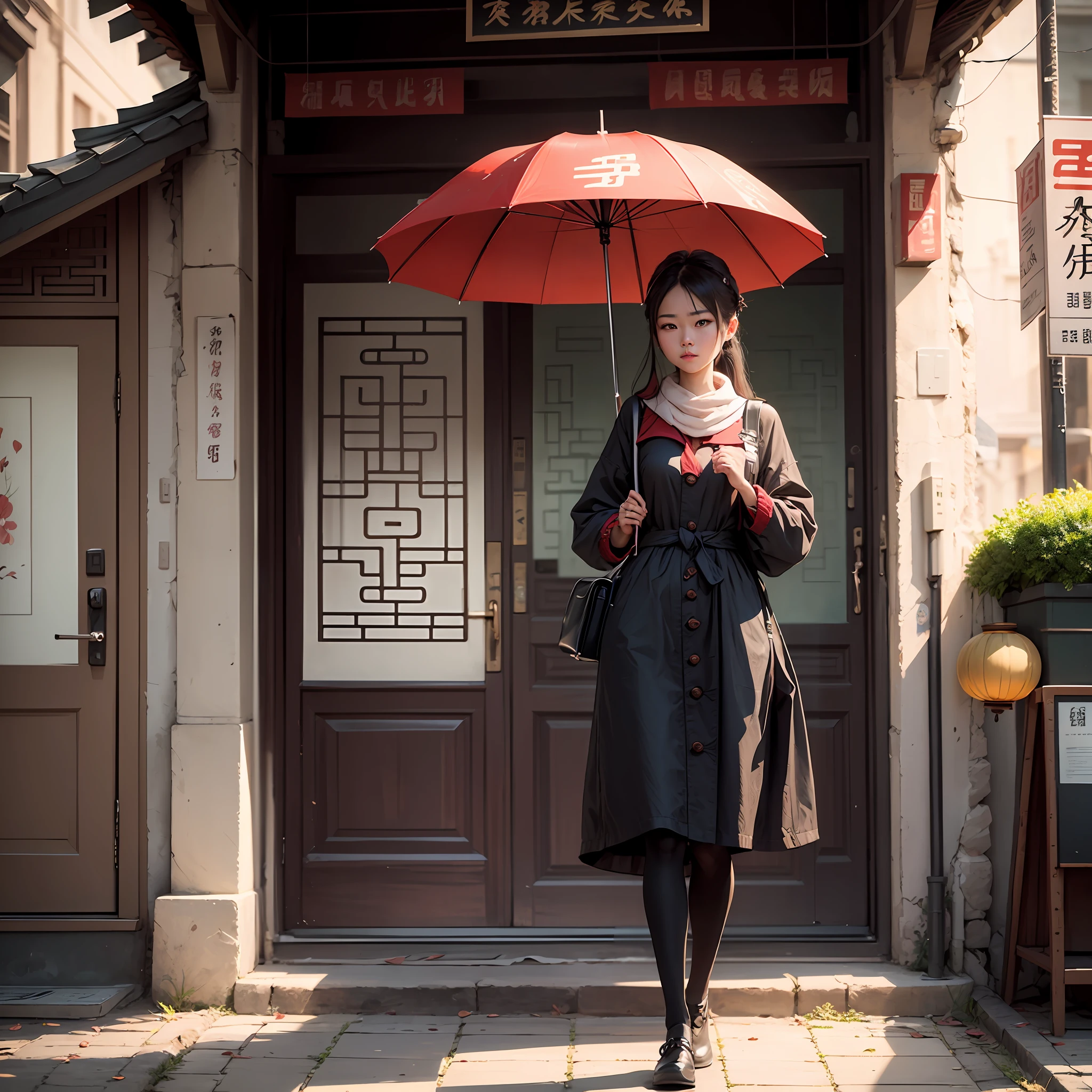 Masterpiece, Good quality, A national style girl holding a red paper umbrella on the street of ancient Chinese architecture, Aesthetic sense, The colors are simple and bright, And it's good-looking --auto