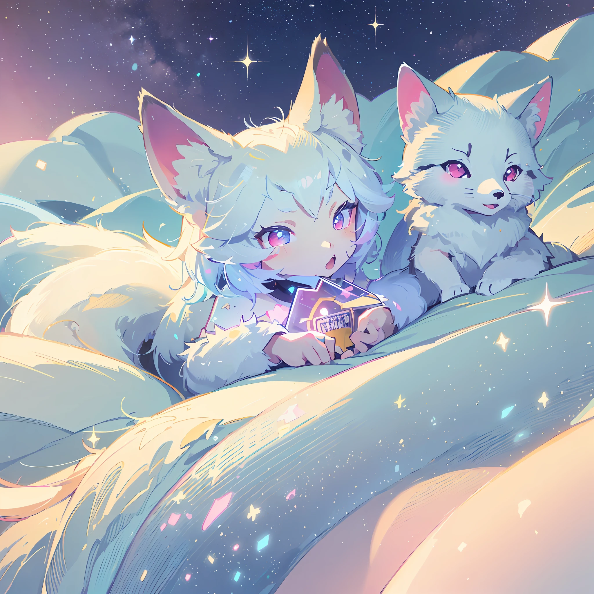 (award winning 8k official art:1.3) of (chibi and arctic fox:1.3), kawaiitech, kawaii, cute colors, beautiful fingers, night, winter, extremely detailed background, sweet, front, epic, (masterpiece:1.4), (best quality:1.4), Amazing, beautiful, finely detailed, (Depth of field:1.1), extremely detailed 8k, stunning, (light reflections:0.5), (crisp:1.3), red twin tails, vibrant, (edge detection:1.2), absurdres, impressive, 120mm, clear