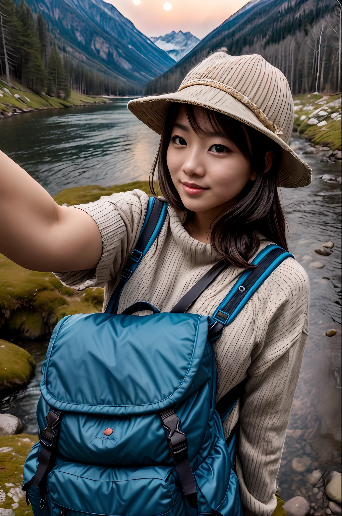 VeronicaCipher ((upper body selfie, happy)), masterpiece, best quality, ultra-detailed, solo, outdoor, (night), mountains, nature, (stars, moon) cheerful, happy, backpack, sleeping bag, camping stove, bottle water, mountain boots, gloves, sweater, hat, lantern, forest, rocks, river, wood, smoke, shadows, contrast, clear sky, style (warm hue, warm tone): 1.2), close-up, cinematic light, side lighting, ultra high resolution, best shadow, RAW, upper body, wearing pullover kodak vision 3,