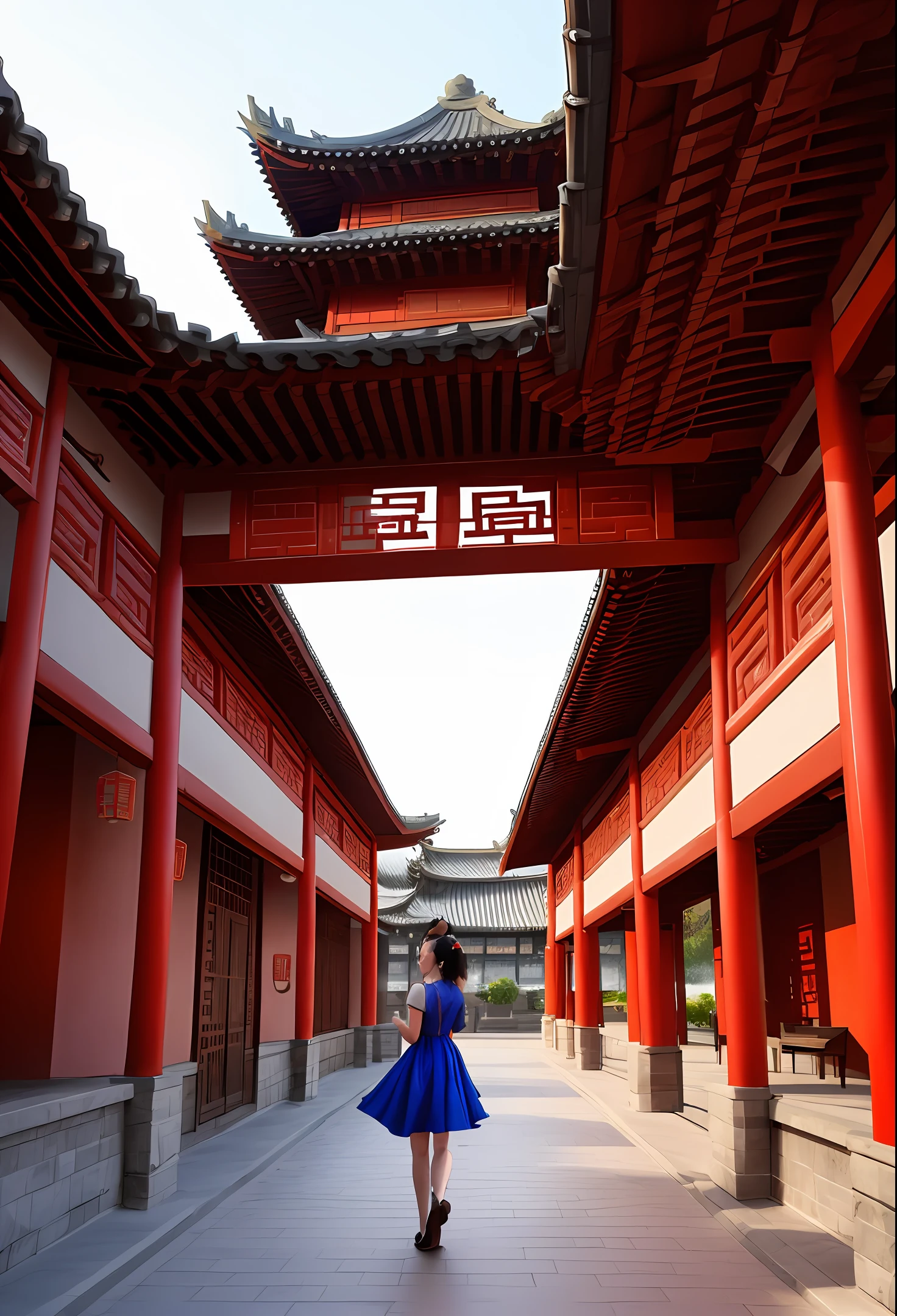 Plain clothes:red colour,Fairy air fluttering,Ancient Chinese architectural complex,miss,Sateen,8K high-definition