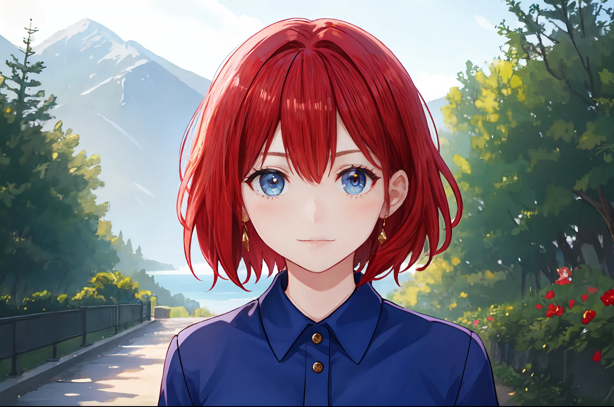 there is a young woman with a short hair and a blue shirt, a redheaded young woman, perfectly centered portrait, 7 0 mm portrait, red haired young woman, 4 k asymmetrical portrait, head centered portrait, landscape