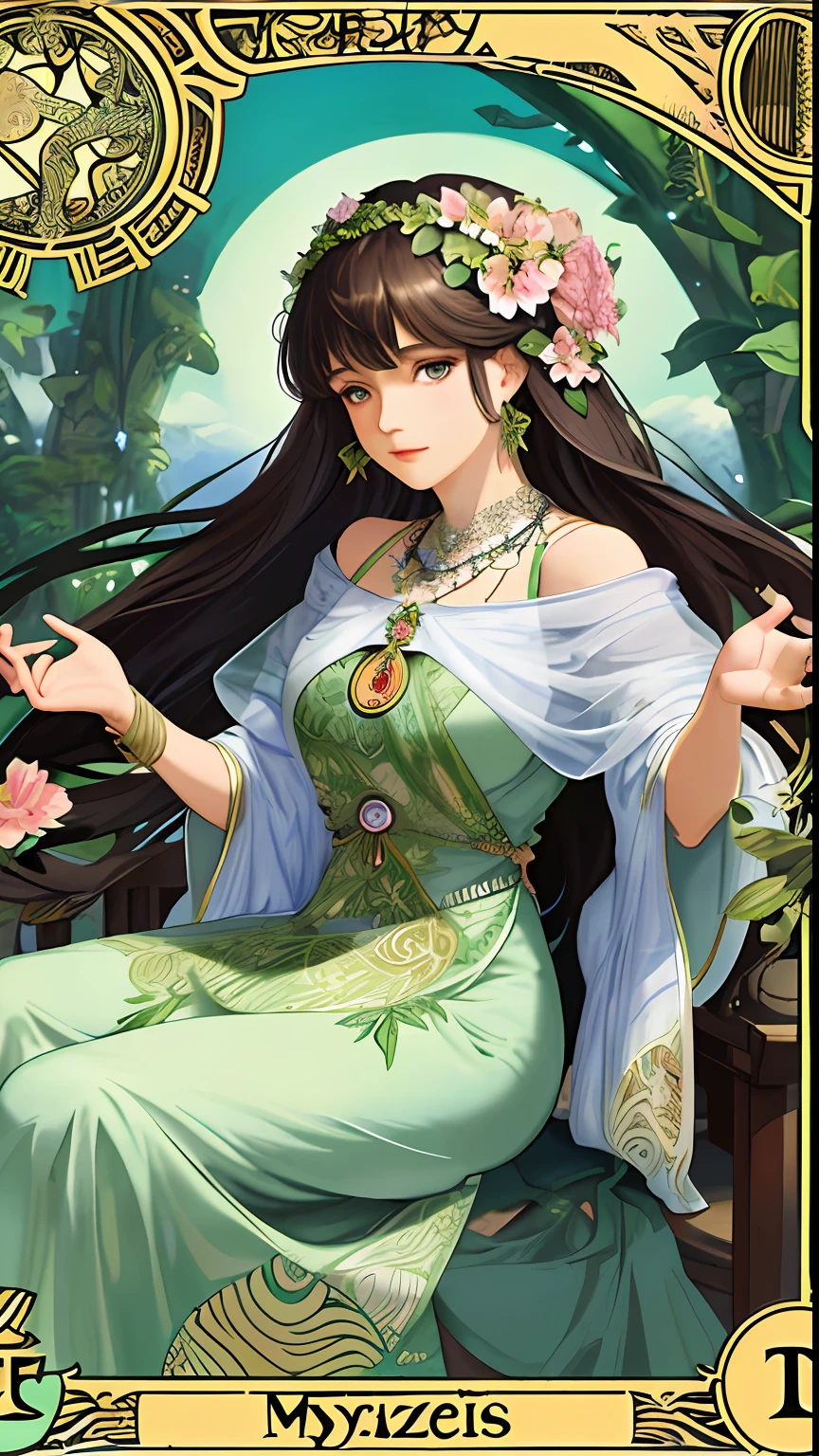 masterpiece, best quality, Alphonse Mucha, art nouveau,
 (tarot card style:1.3),  unique tarot card framework incorporating floral and greenery elements,
blunt bangs, black straight long hair, looking at viewer, 
Amidst a verdant garden, a mystical maiden in a blossoming gown dances with ethereal creatures, bathed in sunlight that illuminates flourishing flora and ancient tarot symbols,
roses, lilies, cherry blossoms, irises, foliage, moss, and vines, elegant dresses inspired by nature, accessories including flower and leaf-designed necklaces, earrings, rings, bracelets, hair ornaments, butterflies, birds, bees, tarot symbols reimagined with floral and greenery designs, goddesses, natural backgrounds like gardens, forests, lakesides, effective use of light and shadow, 
realistic, hyper realistic lifelike 3d, zentangle,
