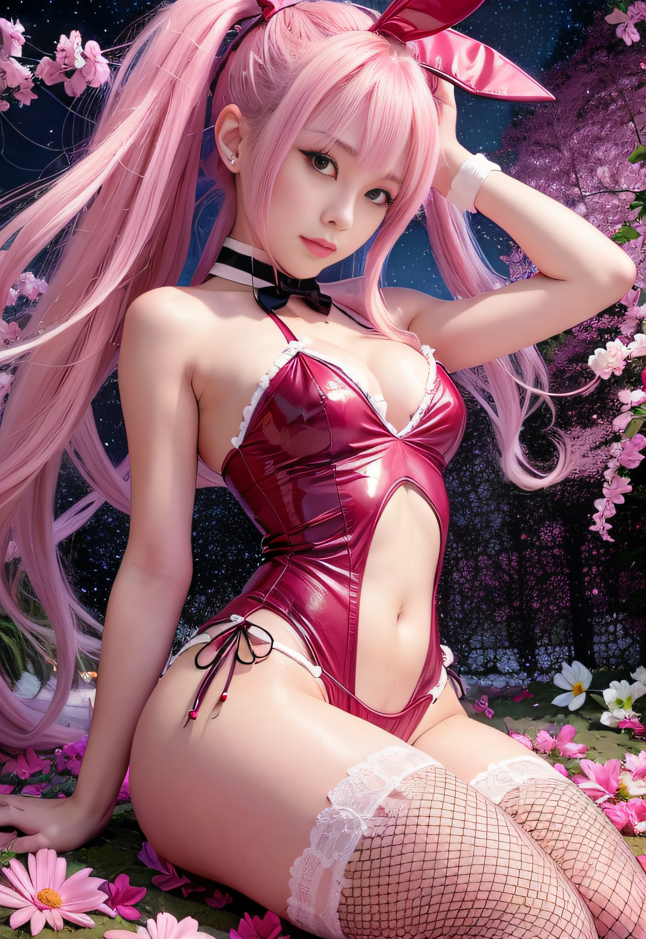 Bunny costume: 1.5), pink costume, 18-year-old girl, Japan person, pretty face, idol, smile, slender body, (bust: 1.48), heart-shaped, long hair, twin tails, white fishnet stockings, good hands, five fingers, good legs, 4k, high resolution, masterpiece, top quality, head: 1.3, (Hasselblad photo)), skin fine, in focus), soft lighting, Dynamic Angle [:(Face Details: 1.2): 0.2], Flower Garden, Cosmos Field, Bright Flower Garden, Rose Arch