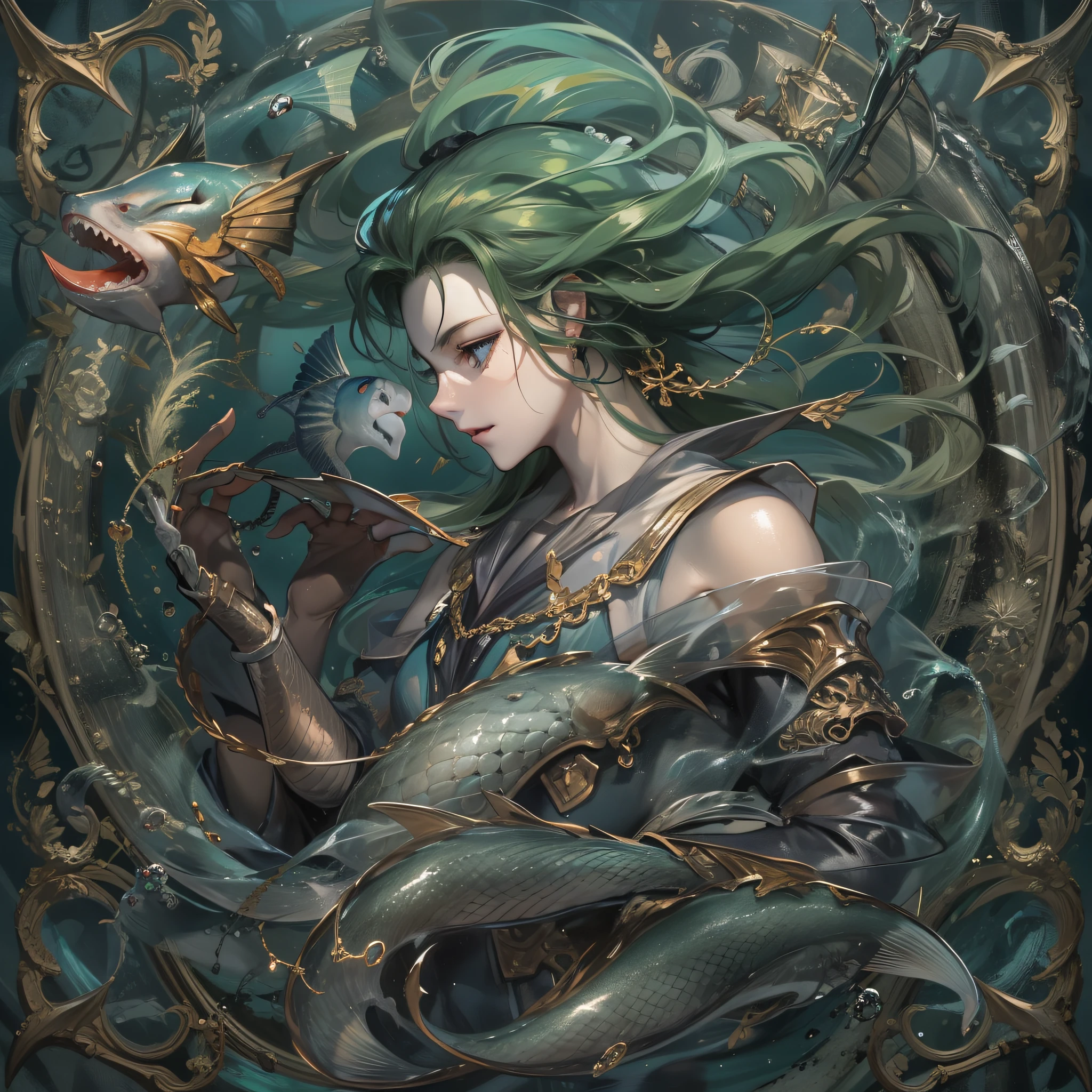 mtu, mascular, Masculine face, Attractive, musculous, ((1人))), tmasterpiece, absurderes, Best quality at best, Complicated details, (shiny skins, shining body, Shiny oily glowing skin, shinny hair, Pale complexion), the sunset, Attractive, ((musculature)), AS-Adult, an Quority, 耳?????? Ring, Not looking at the view, silber hair, braidedhair, Perfect and detailed face, Perfect and meticulous hands, Triton, fins, eBlue eyes, triton ears, ((Portette)), pervert smirk, Marine marine ornaments, Open the chest, ((Mermaid tail)), No legs, ocean floor, The fish, masculine features, male face, (((natta))), rays of moonlight, darkly,