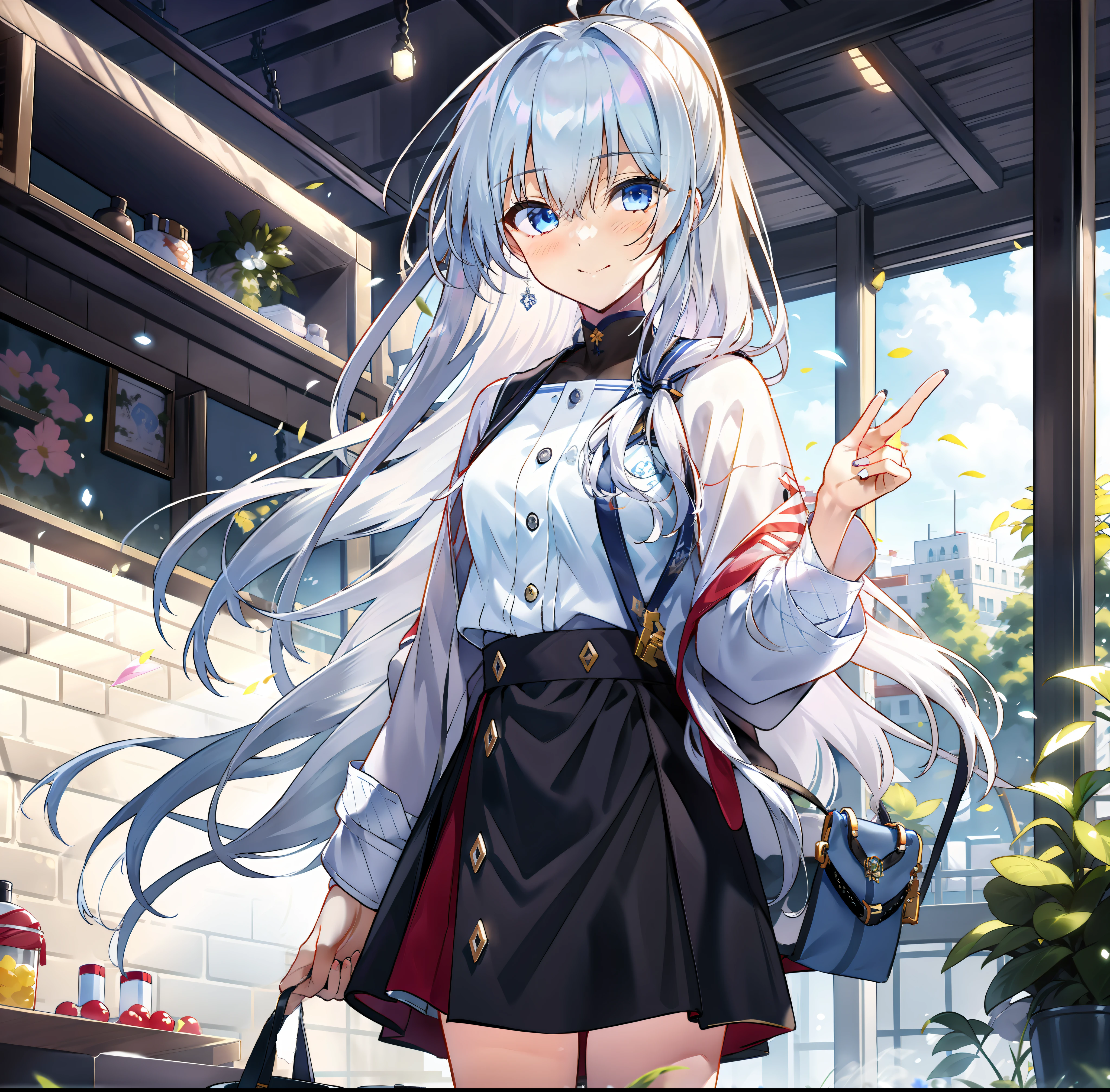 Anime girl with white double ponytail long hair and sailor suit holding purse, Kantai collection style, girls frontline style, Perfect white haired girl, Best anime 4k konachan wallpaper, Girl with white hair, style of anime4 K, from girls frontline, Girls Frontline CG, Fine details. Girl Front, azur lane style, anime visual of a cute girl，Night background