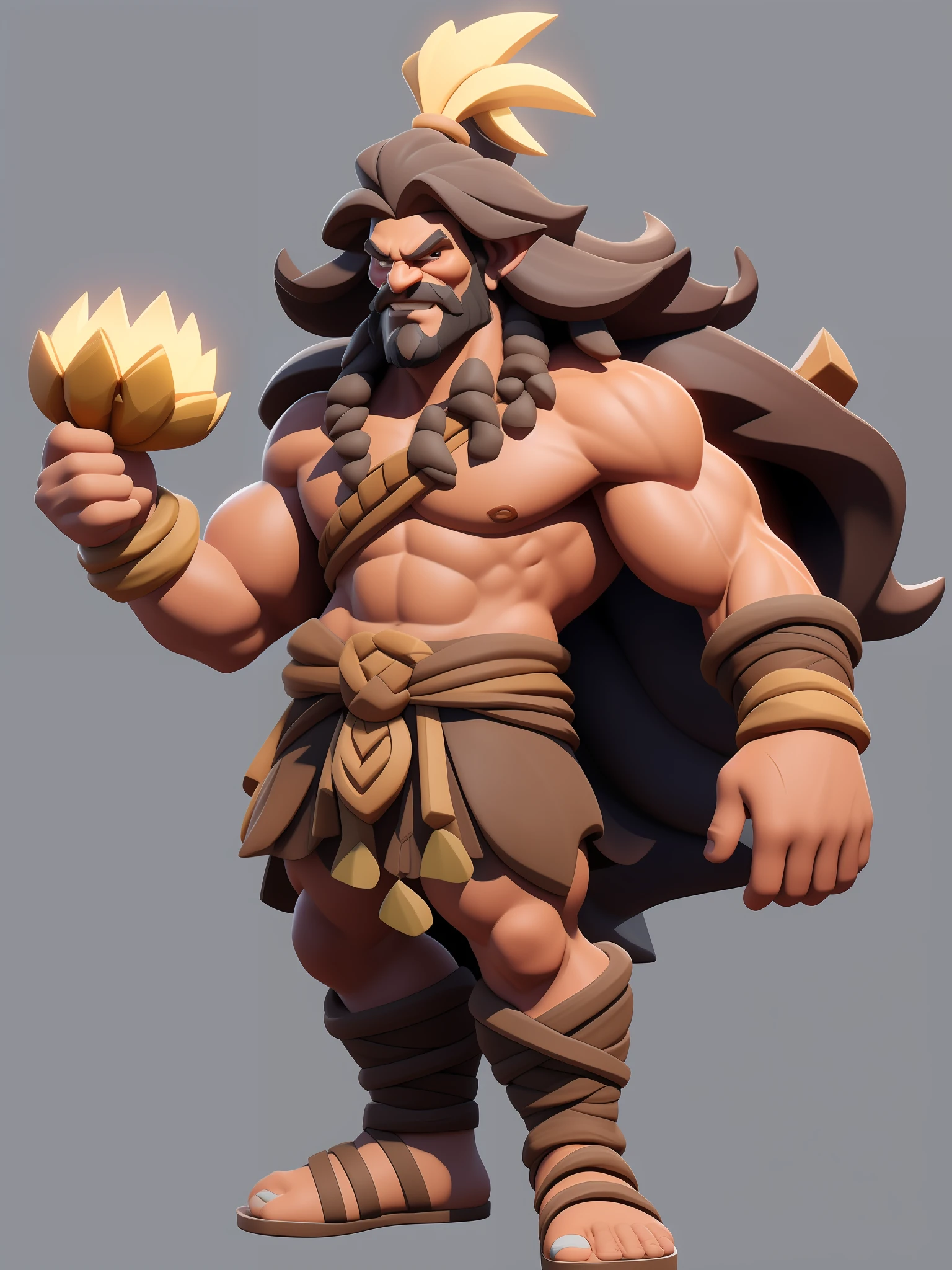 (European and American cartoon Q version、3D model rendering、Primitive barbarian style)1 beautiful long-haired girl、Full body standing painting,Stone Age,gnome、Clash Royale style、Cartoon model rendering,highly details eye、beauitful face,Charming body,Primitive barbarian costume,Full body standing painting,dynamicposes,white backgrounid,tmasterpiece,best qualtiy,Best resolution,8K,