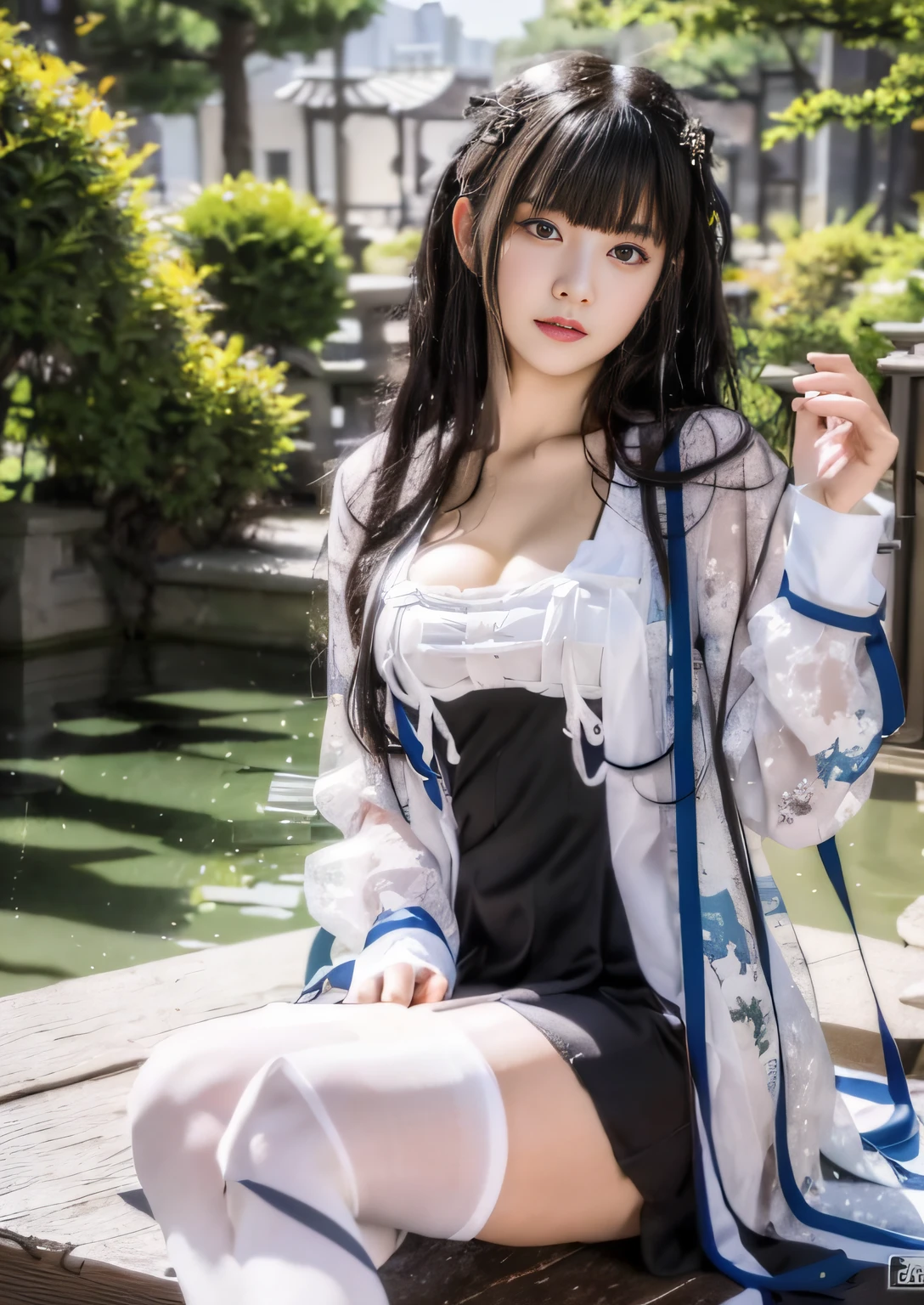 Best quality, Masterpiece, Very delicate and beautiful, Highly detailed, CG, unified, 8K wallpaper, Amazing, elaborate detail, Masterpiece, Best quality, offcial art, Highly detailed CG unity 8k wallpaper, ridiculous, Incredibly Ridiculous res, hugefilesize, Super detailed, high resolution, Very detailed,Beautiful detailed girl, Very detailed eyes and face, Beautiful detailed eyes,Face light,( Hanfu:1.1),1girll,full body,Full-body ,Shot,,Masterpiece,1girll,Solo,Black hair,Black dress,cleavage, Black knee socks, Lake,Wet,black see-through clothes