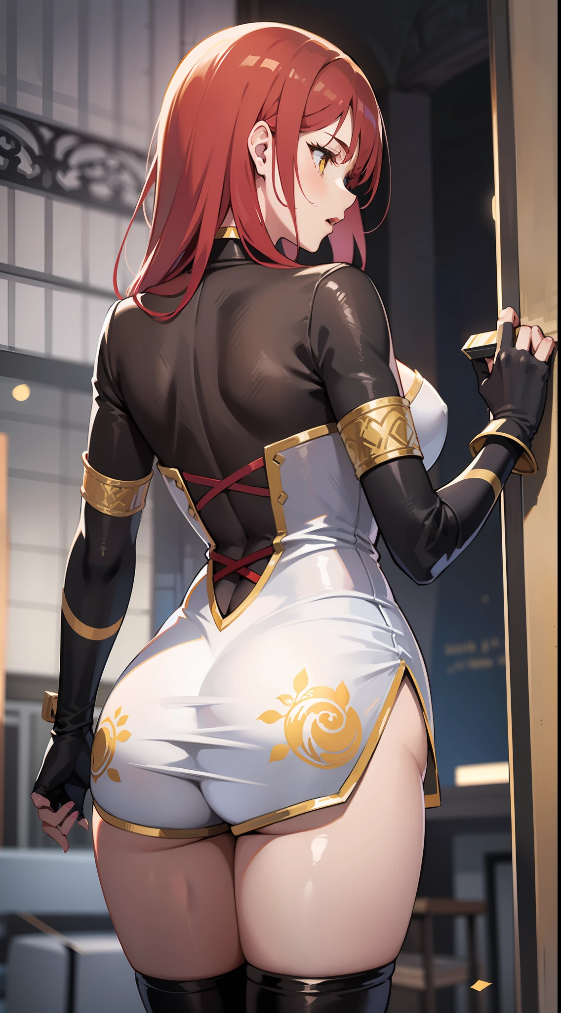 young girl, Long red hair, Yellow eyes, white chinese dress, Shorts, open breasts, a sword, stands with his back, Masterpiece, hiquality