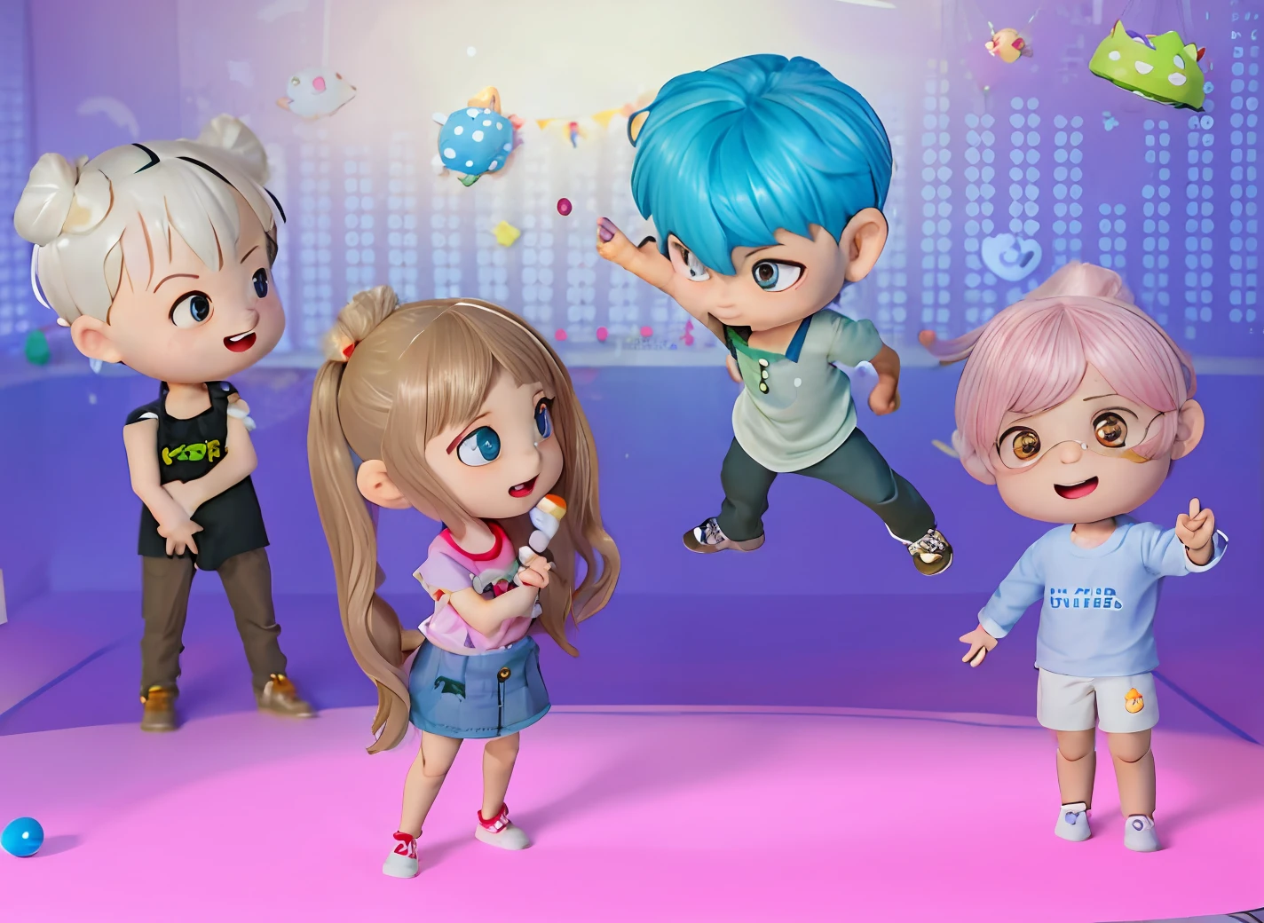 The image of Alfield standing on stage with a group of cartoon characters, anime styled 3d, Stylized anime, live2d virtual youtuber model, 3D characters, inspired gacha club game, kpop star, kawaii hq render, chibiStyle, style as nendoroid, 3 d desenho animado, Anime Stylization, Realistic anime 3 D style, animation style render
