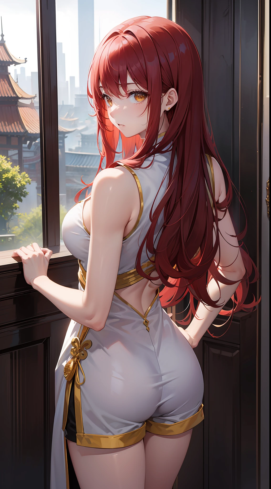 young girl, Long red hair, Yellow eyes, white chinese dress, Shorts, open breasts, a sword, stands with his back, Masterpiece, hiquality
