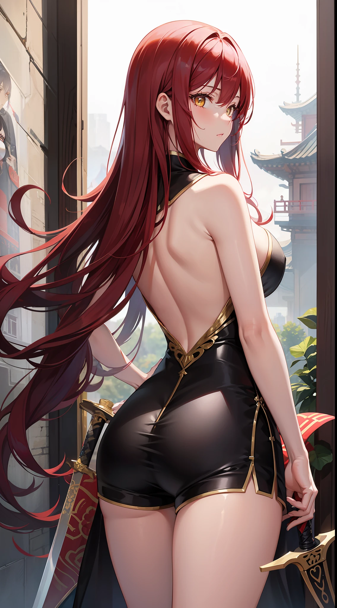 young girl, Long red hair, Yellow eyes, white chinese dress, Shorts, open breasts, a sword, stands with his back, Masterpiece, hiquality
