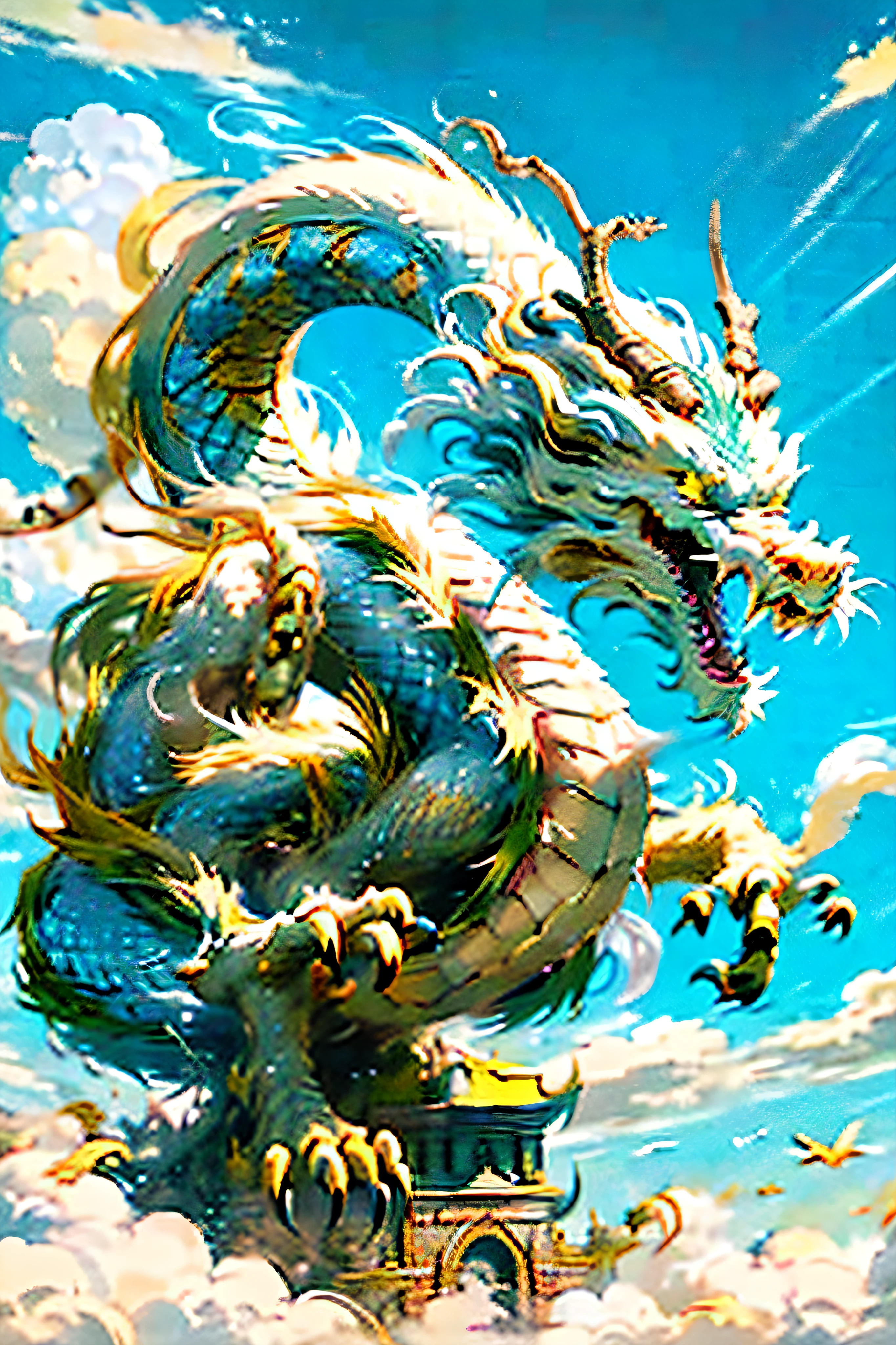 Best quality,masterpiece,ultra high res,nu no humans, (long:1.2),sky, yellow eyes, cloud, scales, eastern dragon, open mouth, sharp teeth, flying, horns, teeth, day, claws, fangs, blue sky