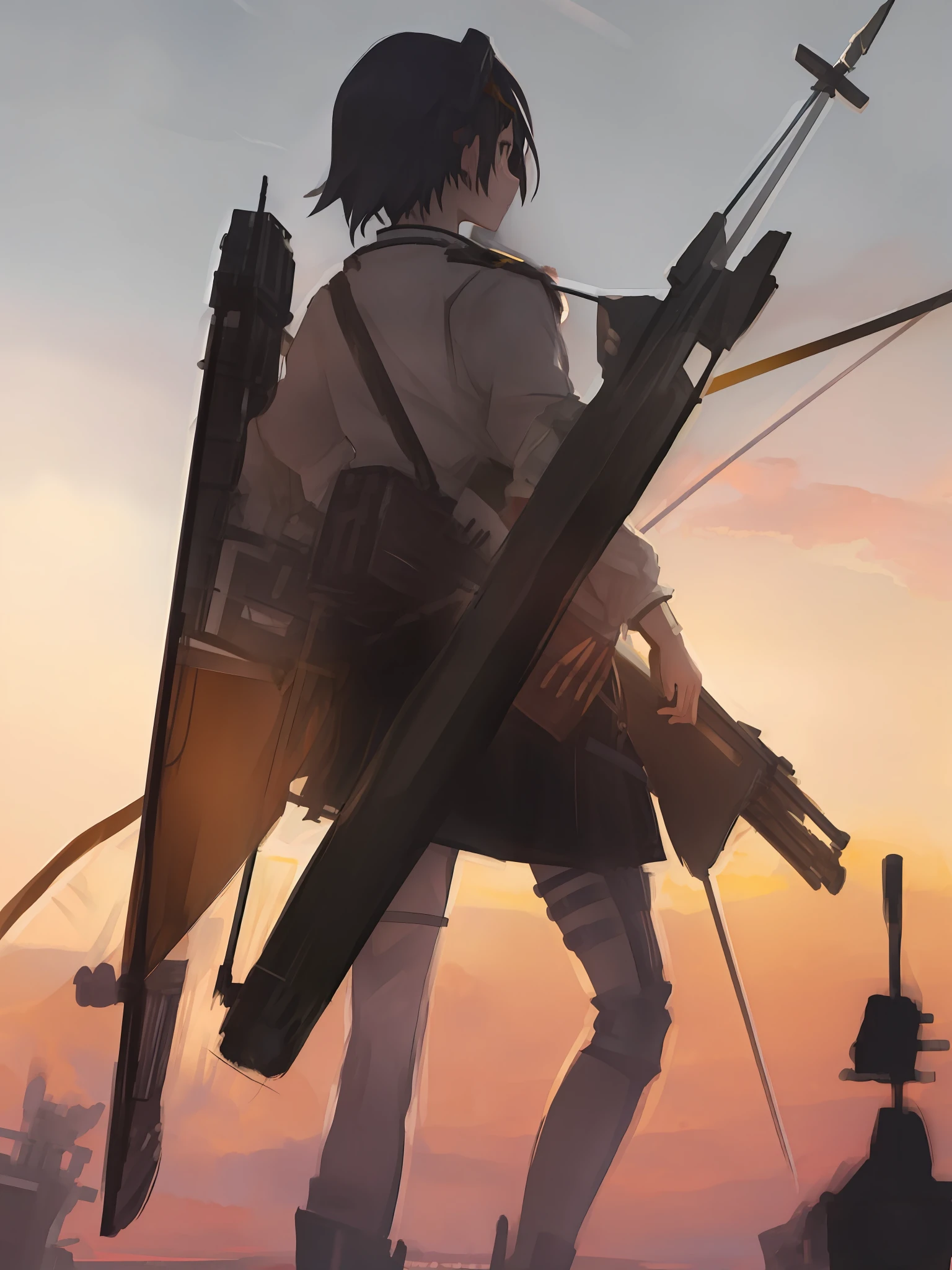 Anime girl standing on a boat in the ocean with bow and arrow, anime girl with a bow and arrow, Kantai collection style, Shinkai Makoto style, Shinkai sincerely, girl with warship parts, Makoto Shinkai's style, bow ashigaru, makoto shinkai art style, Makoto Shinkai. High detail