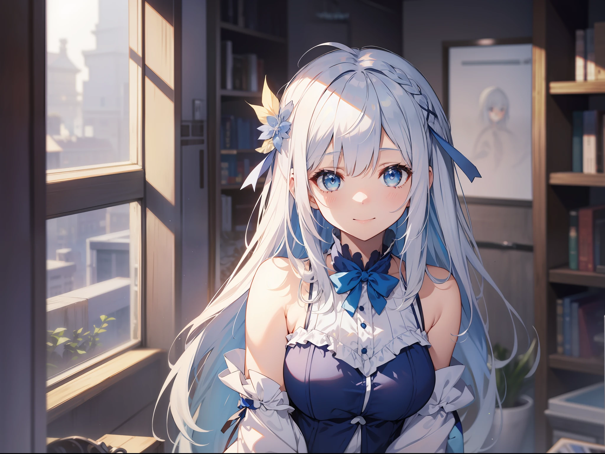 (of the highest quality、8K、masutepiece)) ((( Blue and white atelier sleeveless))) (((White hair )))++　Blue hair ornament　Anime characters with long gray hair and blue eyes、anime visual of a young woman、Today's featured anime stills、white haired god、Official art、Anime visuals of cute girls、popular isekai anime、Tsuaii、Marisa Drizzle、Animated Movies、Still from the TV smile　full body Esbian　　during the day　夏天