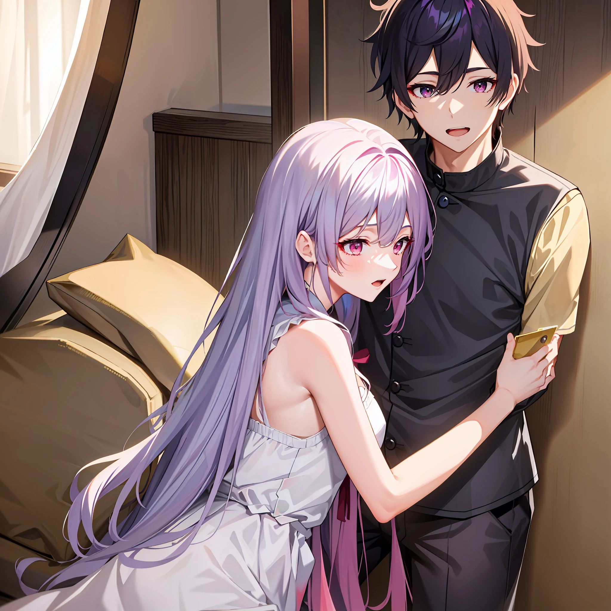 超A high resolution, nffsw, Best aesthetic, Best Quality, masutepiece, one male individual、1 female, Both have iridescent hair, They are in love and shy.