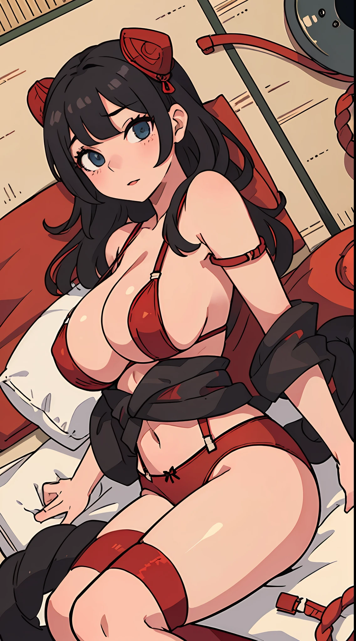 woman,Japanese hairstyle,Black color hair,huge boob,Red non-marking underwear,Red panties,Red suspender stockings,Seductive eyes,Lie on a tatami,Coiled hair,Air bangs