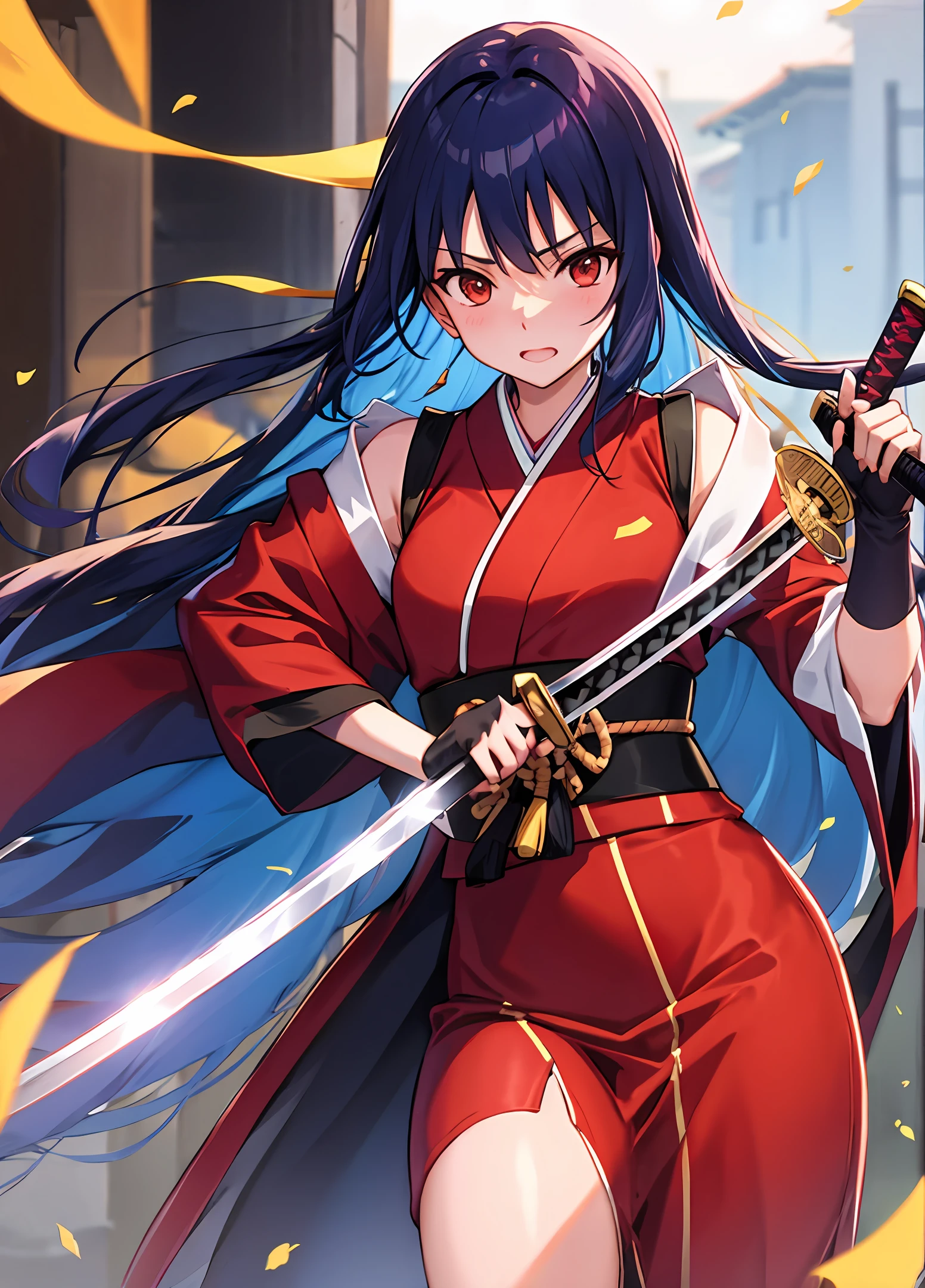 femele Kunoichi middlebreast Long blue hair red clothing Japanese Katana Sword animesque