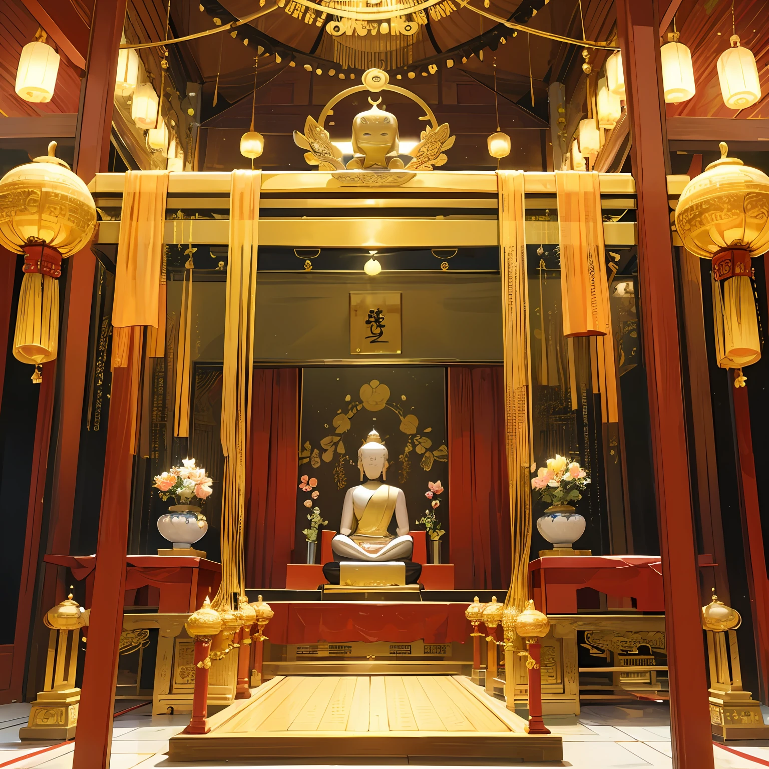 Inside the Daeungho Hall inside the Buddhist temple,A golden Buddha statue sits quietly on a lotus platform,Smile and look at all the worshippers who come to worship。A thin layer of cigarette filled the temple,It makes people feel that the soul is purified and soothed。 --auto