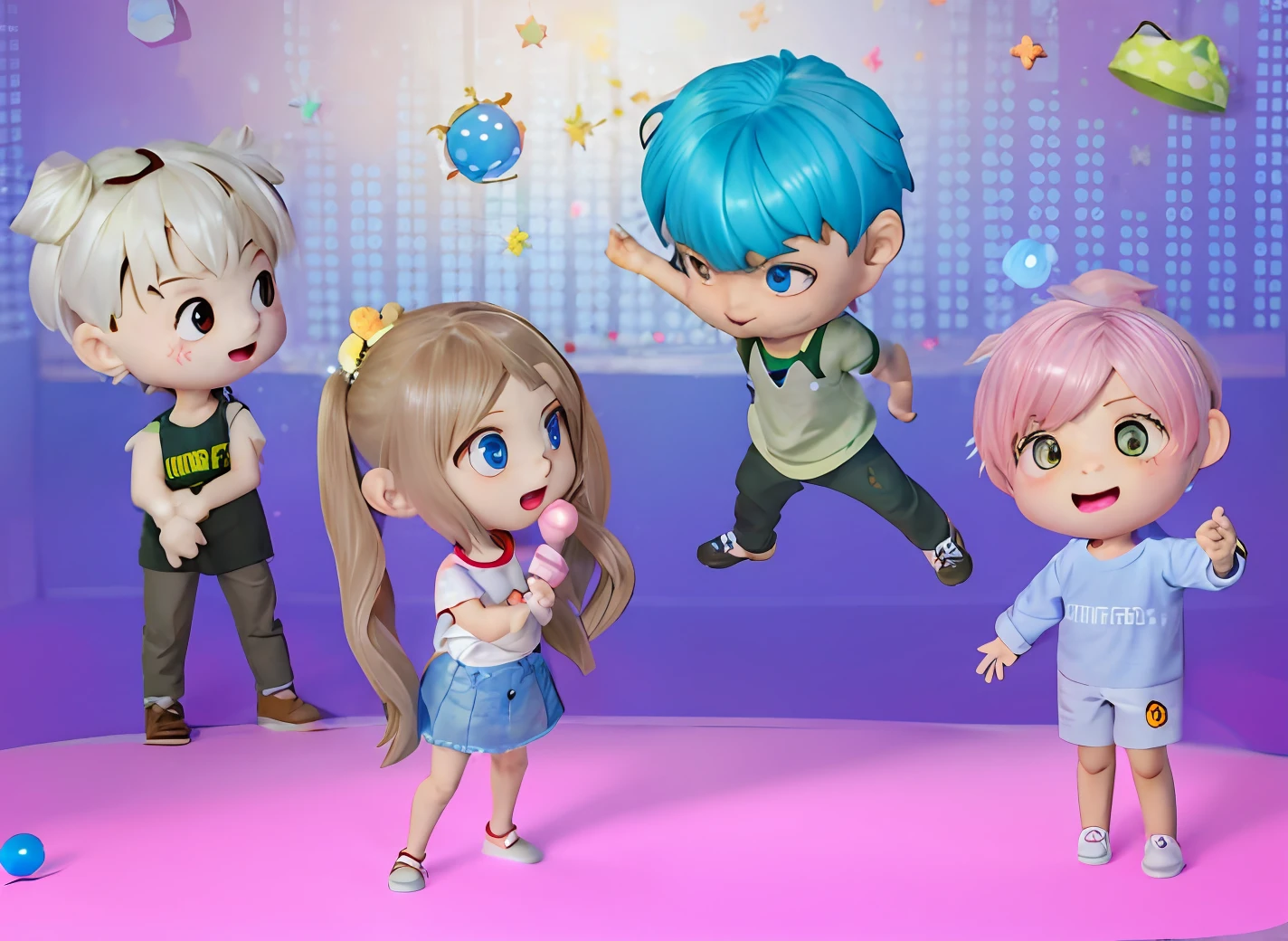 The image of Alfield standing on stage with a group of cartoon characters, anime styled 3d, Stylized anime, live2d virtual youtuber model, 3D characters, inspired gacha club game, kpop star, kawaii hq render, chibiStyle, style as nendoroid, 3 d desenho animado, Anime Stylization, Realistic anime 3 D style, animation style render