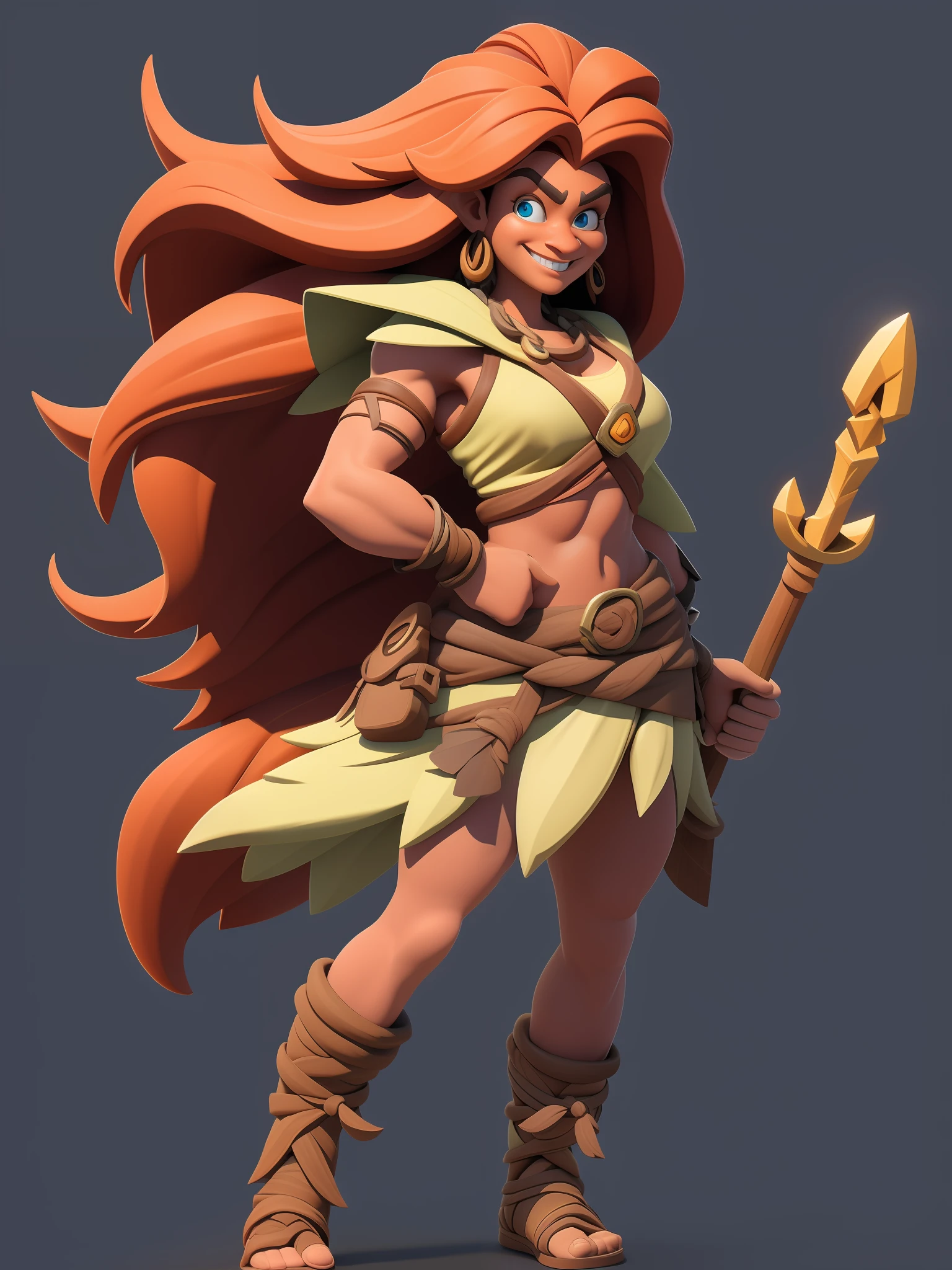 (European and American cartoon Q version、3D model rendering、Primitive barbarian style)1 beautiful long-haired girl、Full body standing painting,Stone Age,gnome、Clash Royale style、Cartoon model rendering,highly details eye、beauitful face,Charming body,Primitive barbarian costume,Full body standing painting,dynamicposes,white backgrounid,tmasterpiece,best qualtiy,Best resolution,8K,