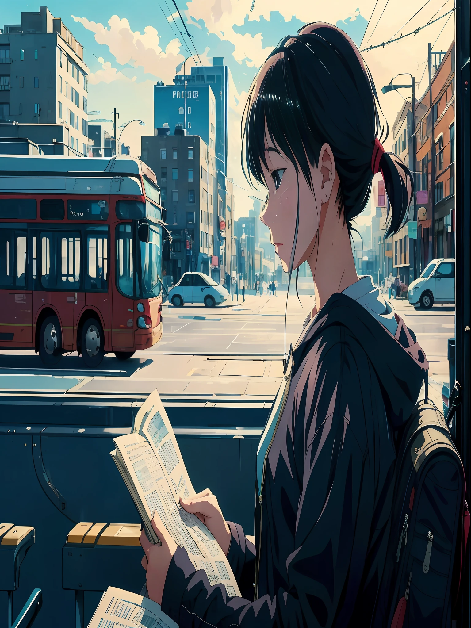 Anime girl reading a book while waiting for a bus, Anime art wallpaper 4k, Anime art wallpaper 4 K, Guviz-style artwork, Anime art wallpaper 8 K, style of anime4 K, style of alena aenami, lofi-girl, ( ( Makoto Shinkai ) ), 4k manga wallpapers