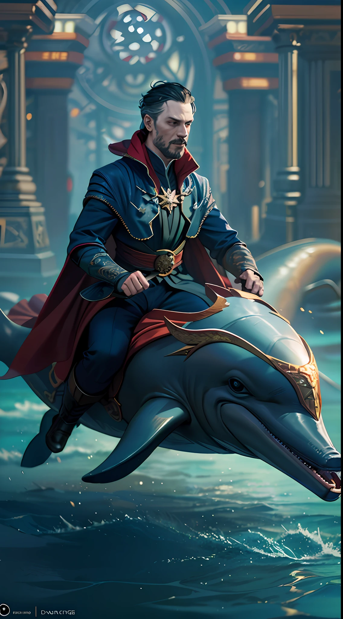 doctor strange riding dolphin. octane render, unreal engine, highly detailed, intricate