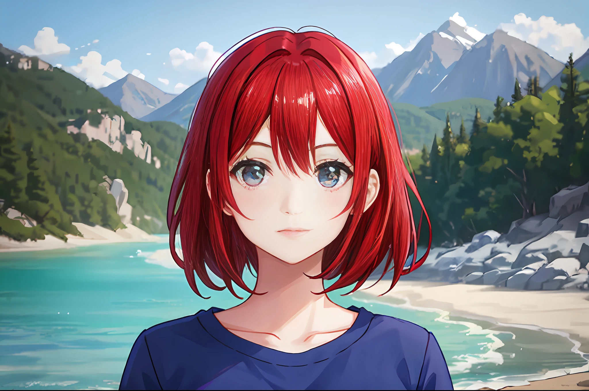 there is a young woman with a short hair and a blue shirt, a redheaded young woman, perfectly centered portrait, 7 0 mm portrait, red haired young woman, 4 k asymmetrical portrait, head centered portrait, landscape