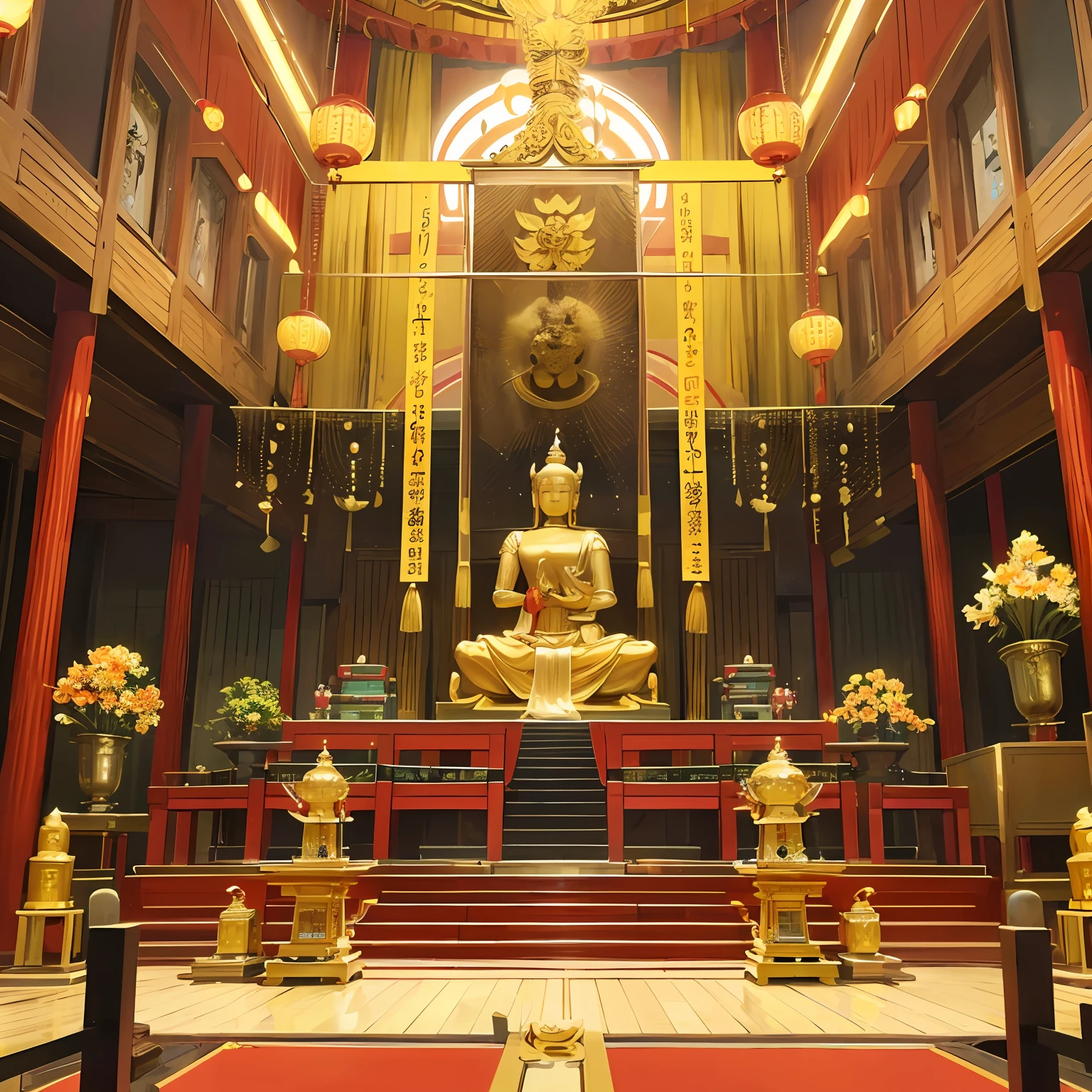 Inside the Daeungho Hall inside the Buddhist temple,A golden Buddha statue sits quietly on a lotus platform,Smile and look at all the worshippers who come to worship。A thin layer of cigarette filled the temple,It makes people feel that the soul is purified and soothed。 --auto