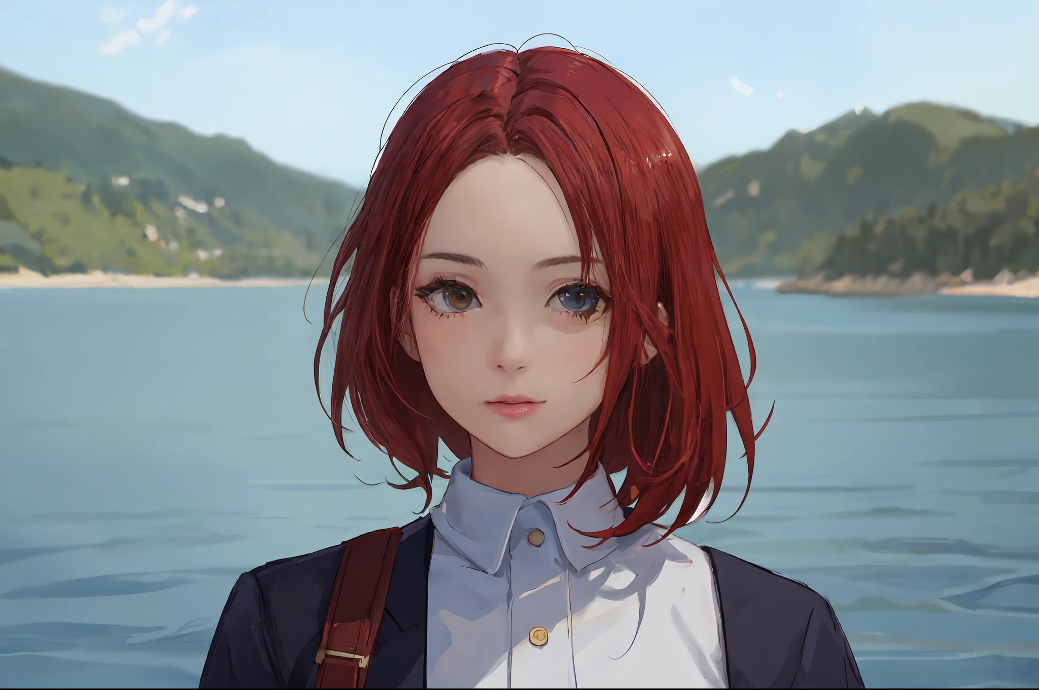 there is a young woman with a short hair and a blue shirt, a redheaded young woman, perfectly centered portrait, 7 0 mm portrait, red haired young woman, 4 k asymmetrical portrait, head centered portrait, landscape