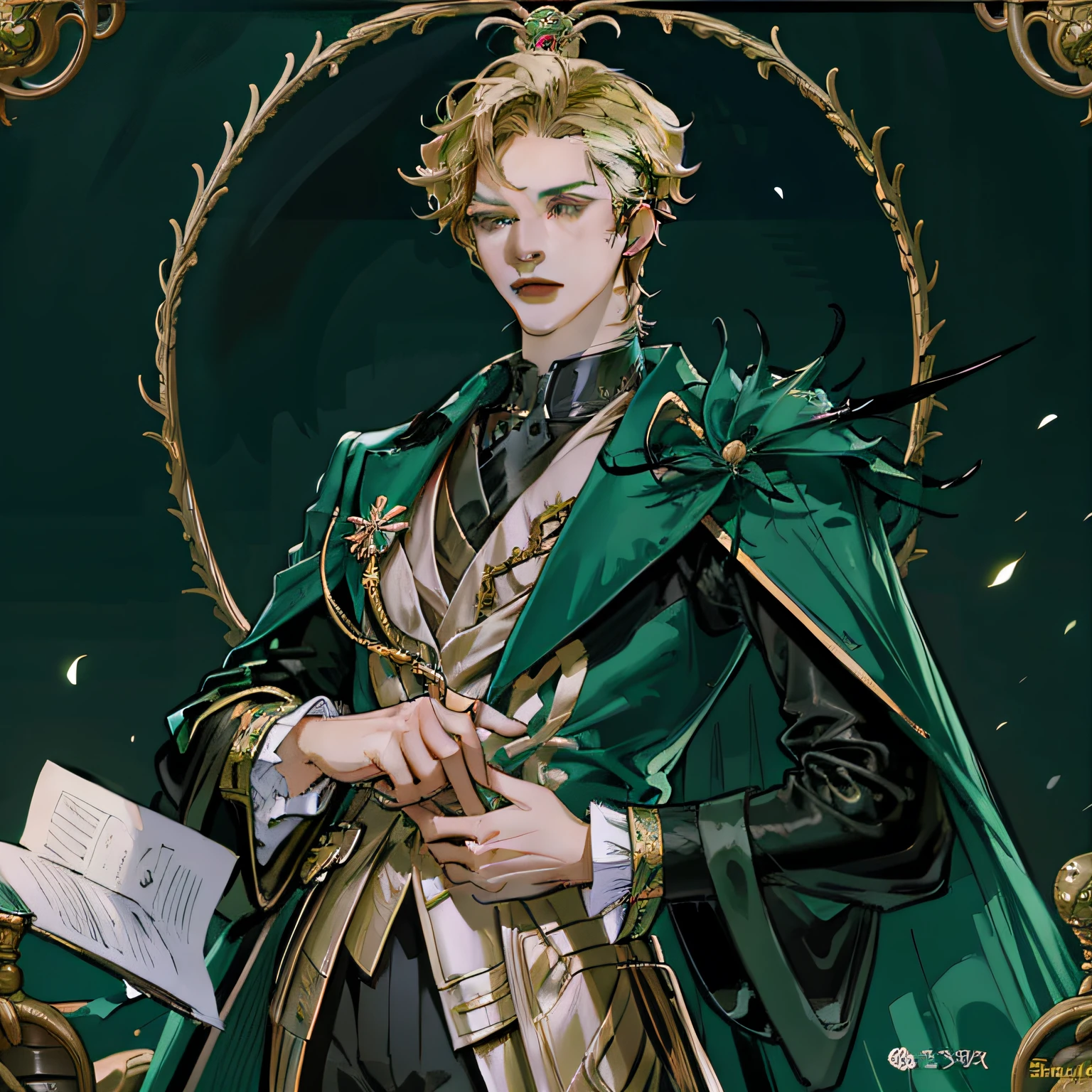 Anime - Man style drawing,Green coat, Black pantsuit,Noble robes portrait painting,Green underwear,Long jacket,Very detailed blonde man,Noble costumes,Clear line art,handsome and attractive,victorian age,goth style。