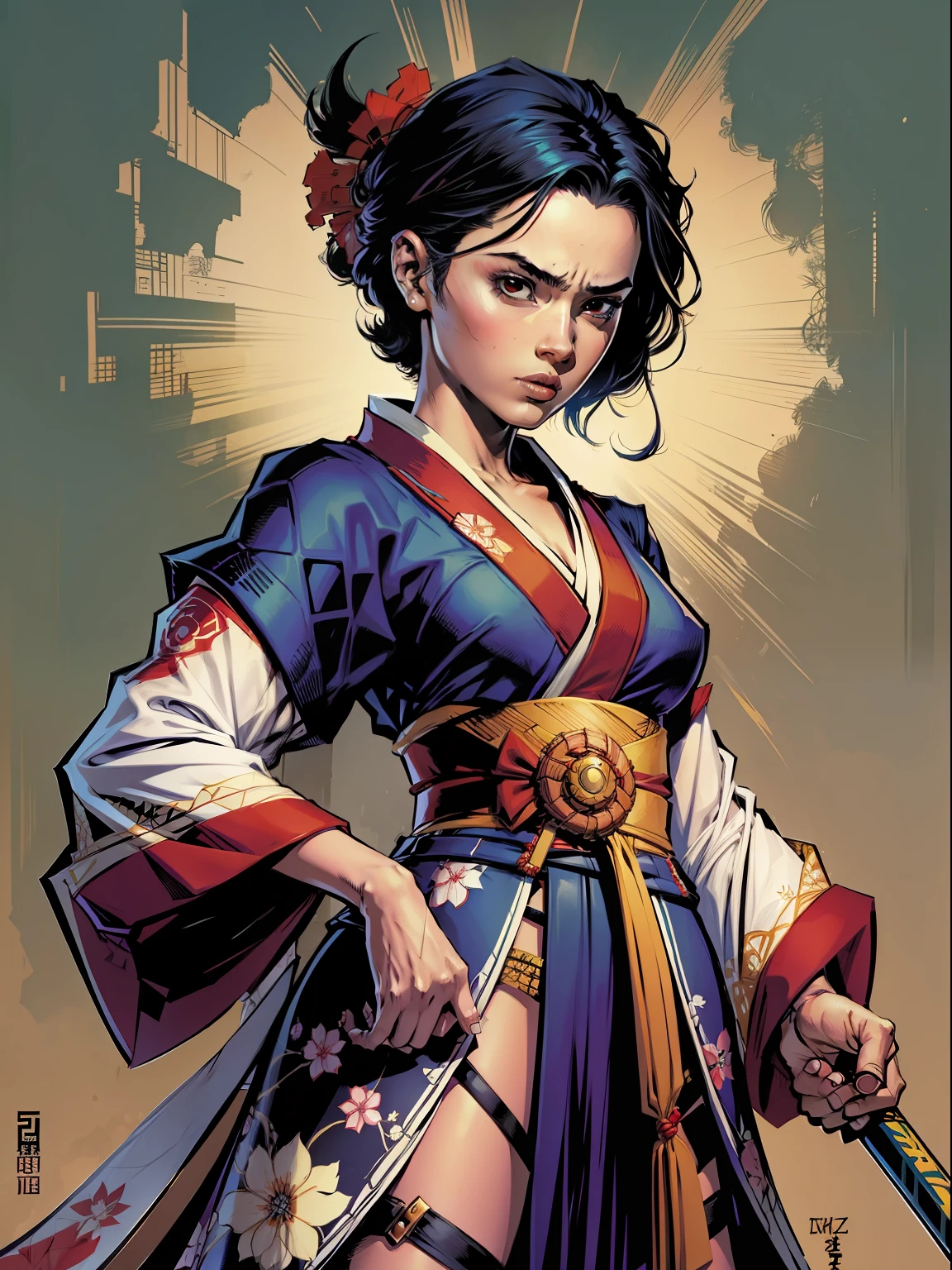 Three characters. no centro, a ager with an open book in one hand, ao lado uma garota com roupas de batalha, e um rapaz com kimono. samurai champloo style. comics