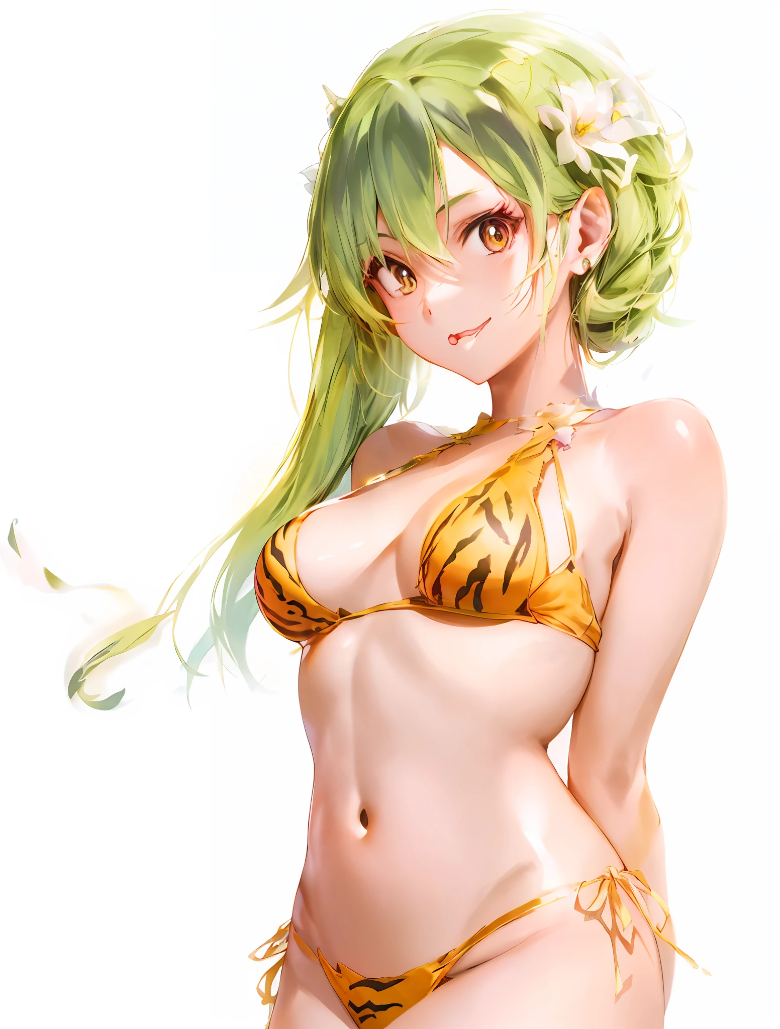 Anime girl in tiger print bikini posing for photo, Seductive Anime Girl, ArtGerm. Anime Illustration, beautiful alluring anime woman, ArtStation Pixiv ArtGerm, Very detailed ArtGerm hahaha, realistic bikini, artgerm 4 k, Green Bikini, anime goddess, made with anime painter studio, like artgerm, artgerm lau、urusei yatsura