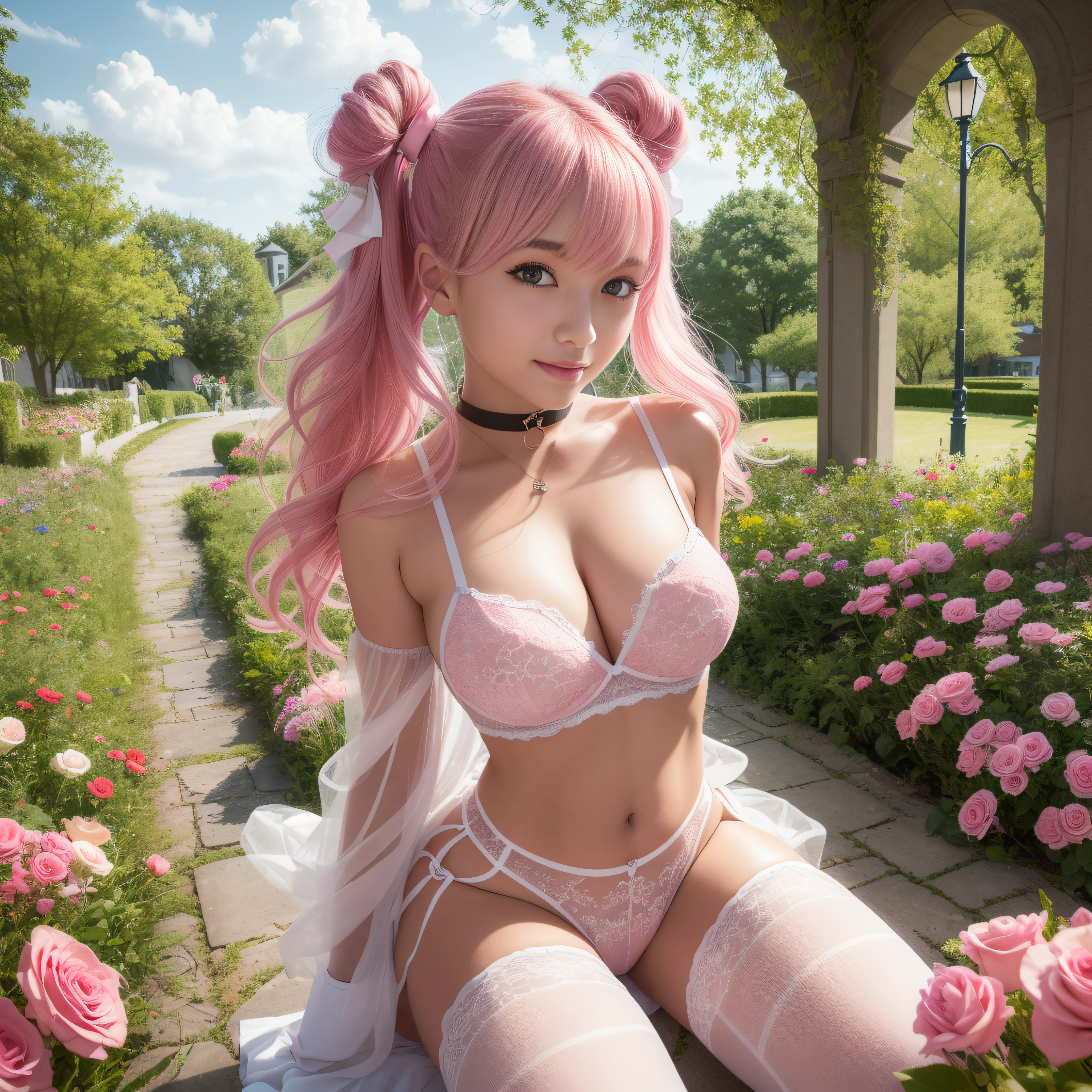 One girl, schoolgirl, Lolita, baby face, about 16 years old, (((wearing a very revealing pink Lolita wife costume))), (clothes that show through skin)), (white stockings), white fishnet stockings, (((pink clothes)), (bondage), (big)))))), (emphasizing breasts, showing off breasts, sticking out breasts), pink ribbons on hair, outdoor, Rose Arch, Lots of Flowers, Best Smile, Twin Tails, Pink Hair, Hair Fluttering in the Wind, UHD, retina, Masterpiece, ccurate, Anatomically Correct, textured skin, Super detail, High Details, High Quality, Award Winning, Best quality, highres, 1080P, HD, 4K, 8k, 16k, rose garden, cosmos field, bright flower garden, rose arch