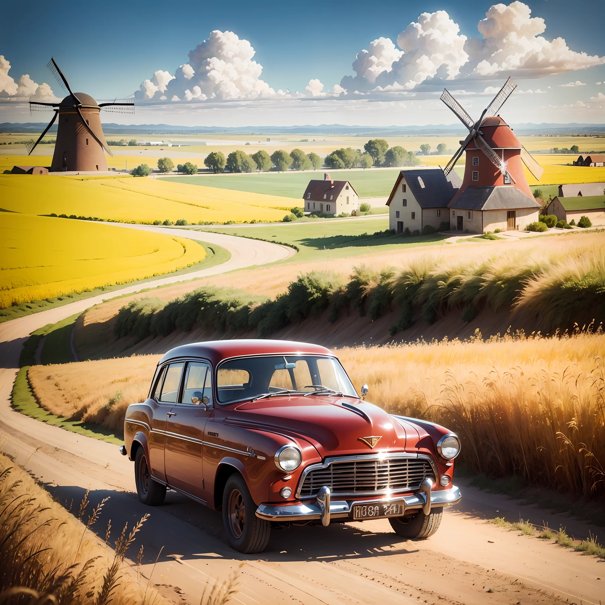 "Vintage red car driving along a dusty dirt road through a golden wheat field with an old windmill in the background, under a sunny sky with fluffy clouds."