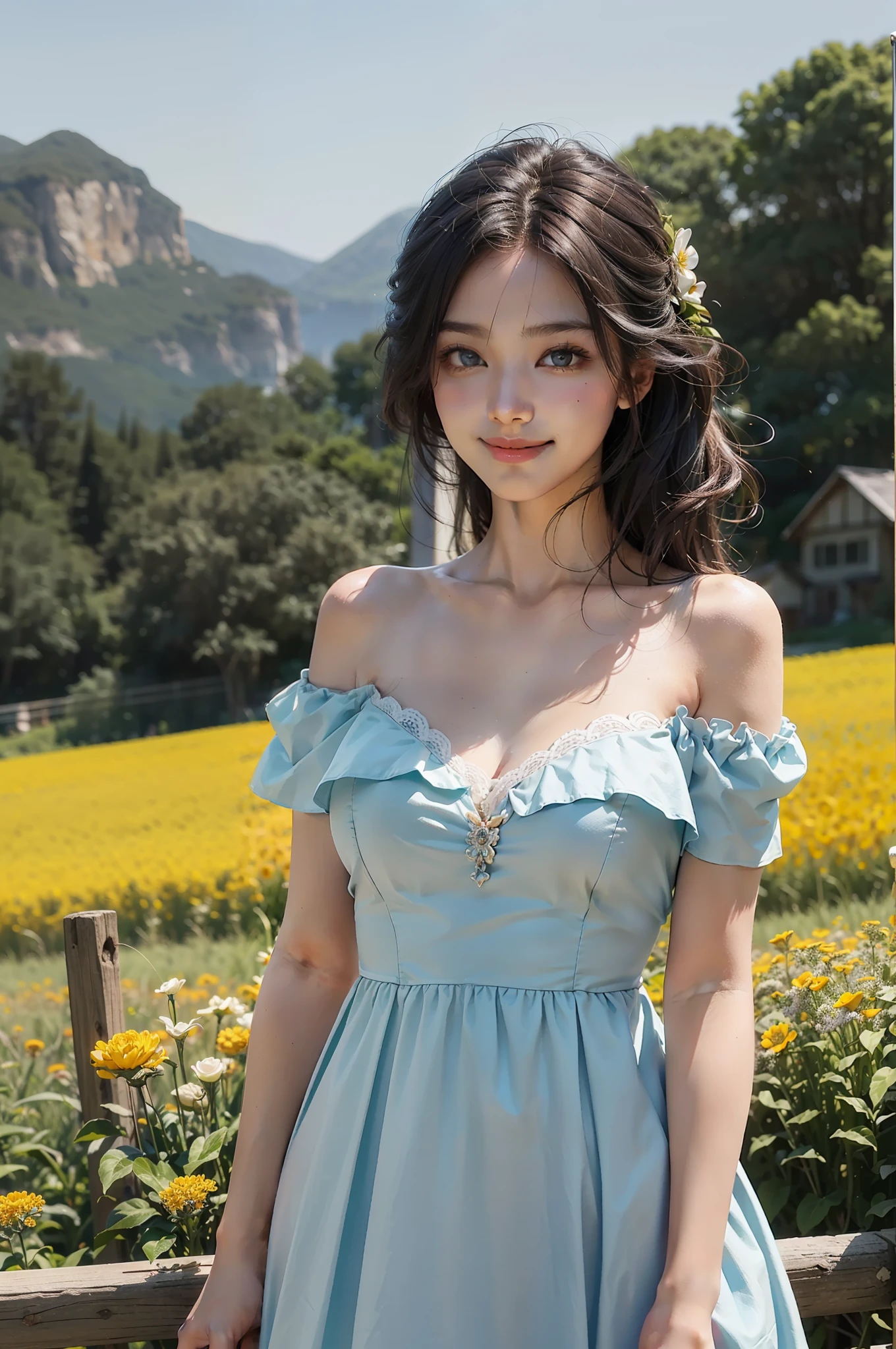 top-quality、​masterpiece、超A high resolution、(Photorealsitic:1.4)、Raw photo、1人、Colossal tits、Light blue dress、off shoulders、flower  field、glistning skin、lightsmile