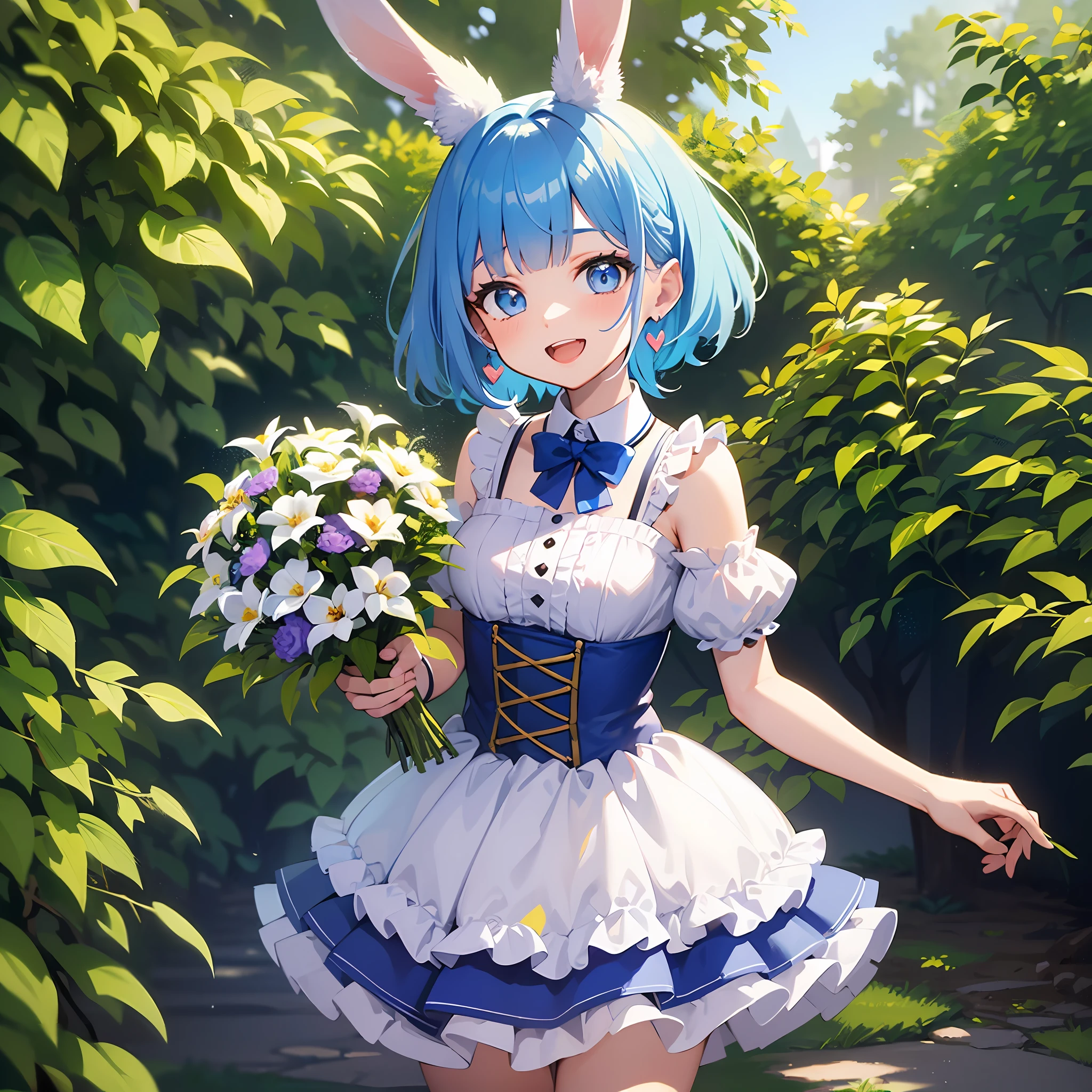 (masterpiece:1.3), (best quality:1.3), high resolution, 


upper body, 
holding, body facing forward, 

(one cute girl:1.3), solo, 
white skin, small Breast, eight-headed person, 
light blue hair, (bobbed hair:1.2), short hair, (blunt bangs:1.2), beautiful hair, blue eyes, beautiful detailed eyes, 

open mouth, happy, heart, cheerful smile, 

bouquet, blue check skirt, Idol costumes, (rabbit ears:1.3), earrings, 

outdoors, beautifully detailed sky, flower garden, natural park, 

shadowlighting,