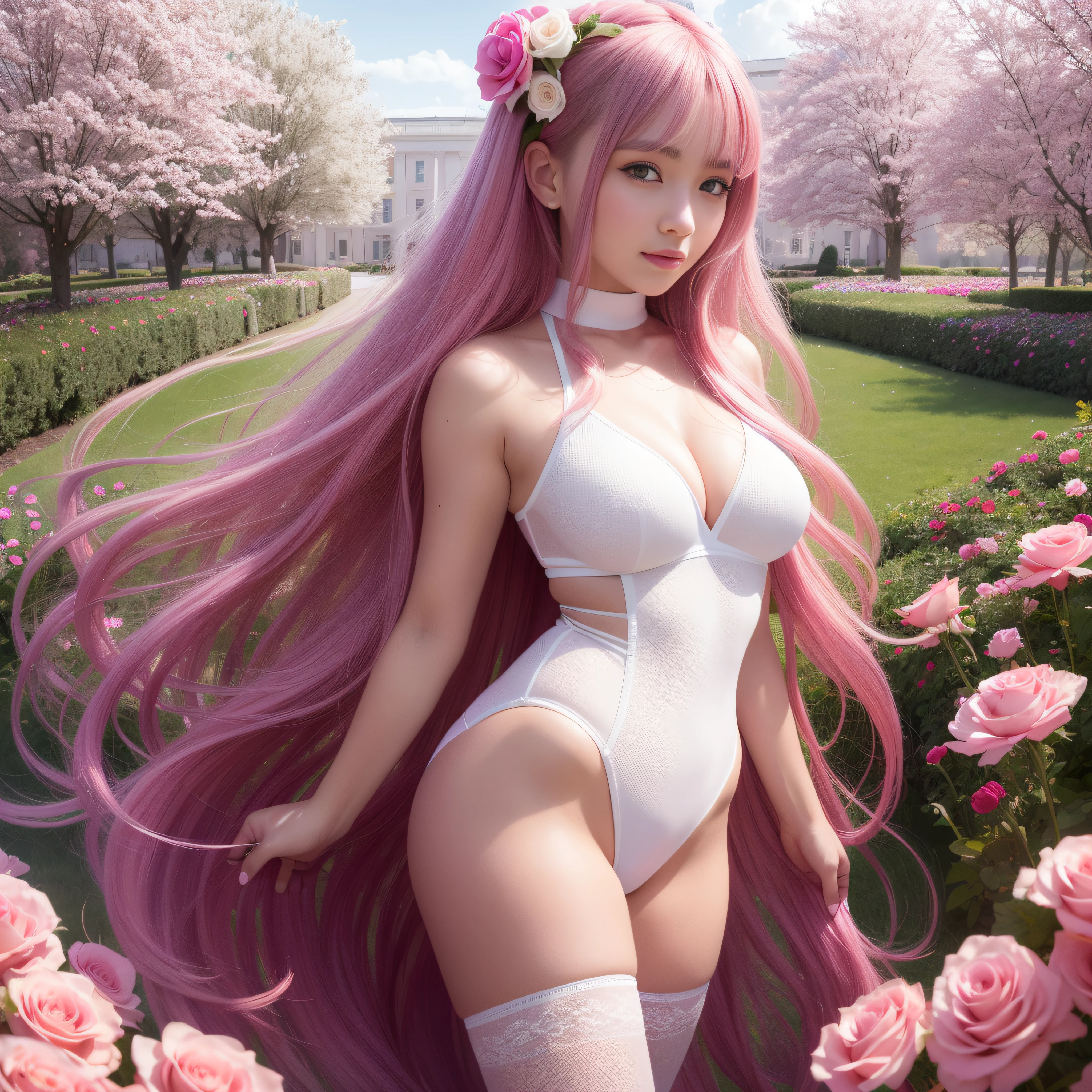 One girl, schoolgirl, ta, baby face, about 16 y((very revealing white leotard))), (clothes that show through the skin)), (white stockings), white fishnet stockings, ((big)))))), (emphasizing breasts, showing off breasts, protruding breasts), pink ribbons in hair, outdoors, rose arches, lots of flowers, best smile, bun head, long hair, pink hair, hair fluttering in the wind, UHD, retina, masterpiece, ccurate, anatomically correct, textured skin, super detail, high details, high quality, award winning, best quality, highres, 1080p, HD, 4K, 8k, 16k, Rose Garden, Cosmos Field, Bright Flower Garden, Rose Arch