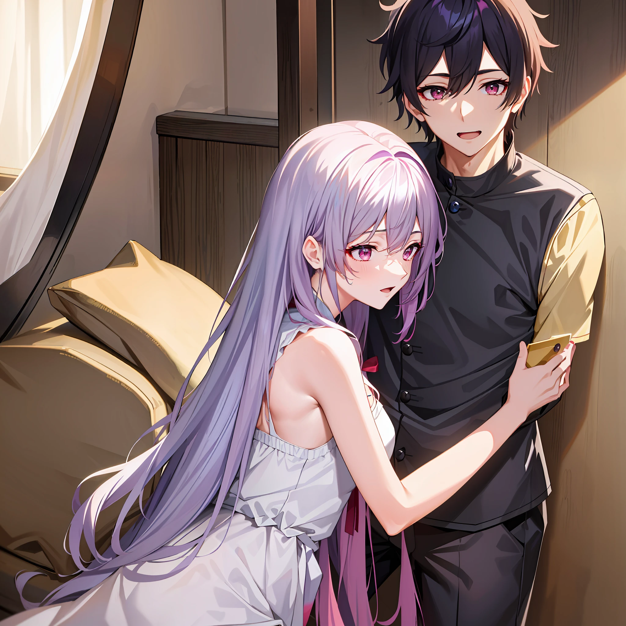 超A high resolution, nffsw, Best aesthetic, Best Quality, masutepiece, one male individual、1 female, Both have iridescent hair,  They are in love and shy.