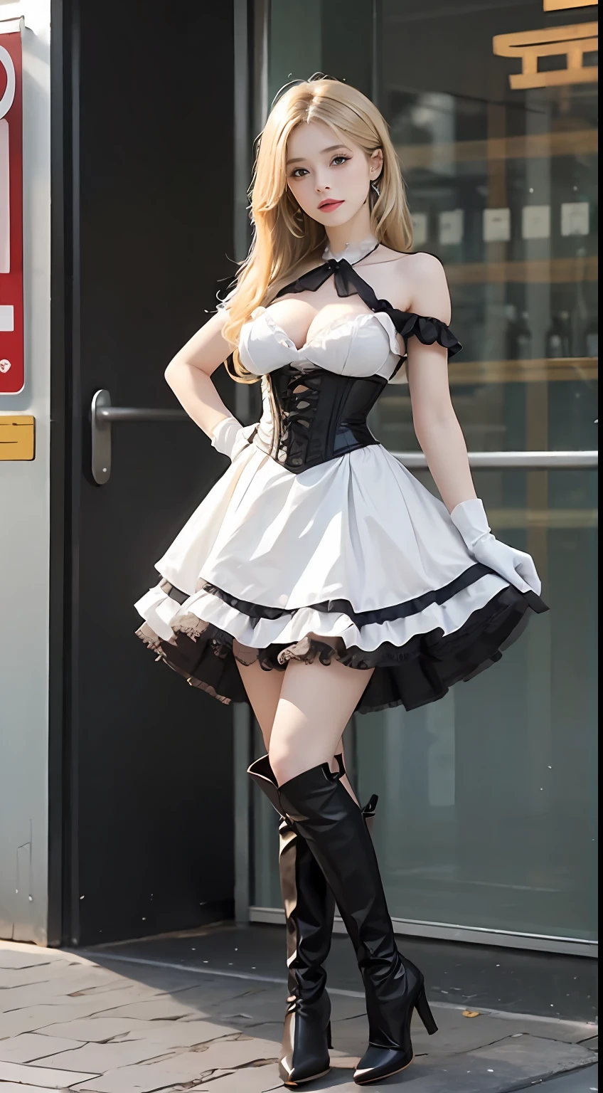 (((masutepiece))),High resolution,((High quality)),corporate offices,1girl in,((Extremely detailed)),nffsw,Unity,8K,wall-paper,Solo,(Full body),Mature,Standing,Blonde,Long hair,(((eye line))),tiarra,((White Ruffle Black Short Petticoat)),Thigh strap,Lace Trim Black Elbow Gloves,knee boots,medium boobs,Cowboy Shot,Black corset,((Highly detailed hands)),full body photo, erotic, high heels