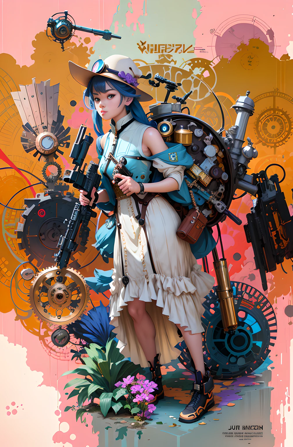 Anime girl with gun and clock on colorful background, Kushatt Krenz Key Art Women, jc leyendecker and sachin teng, Colorful sci-fi steampunk, Mechanized Valkyrie girl, mohrbacher, mechanized witch girl, krenz cushart and wenjun lin, portrait of a mechanical girl, krenz cushart and asher duran