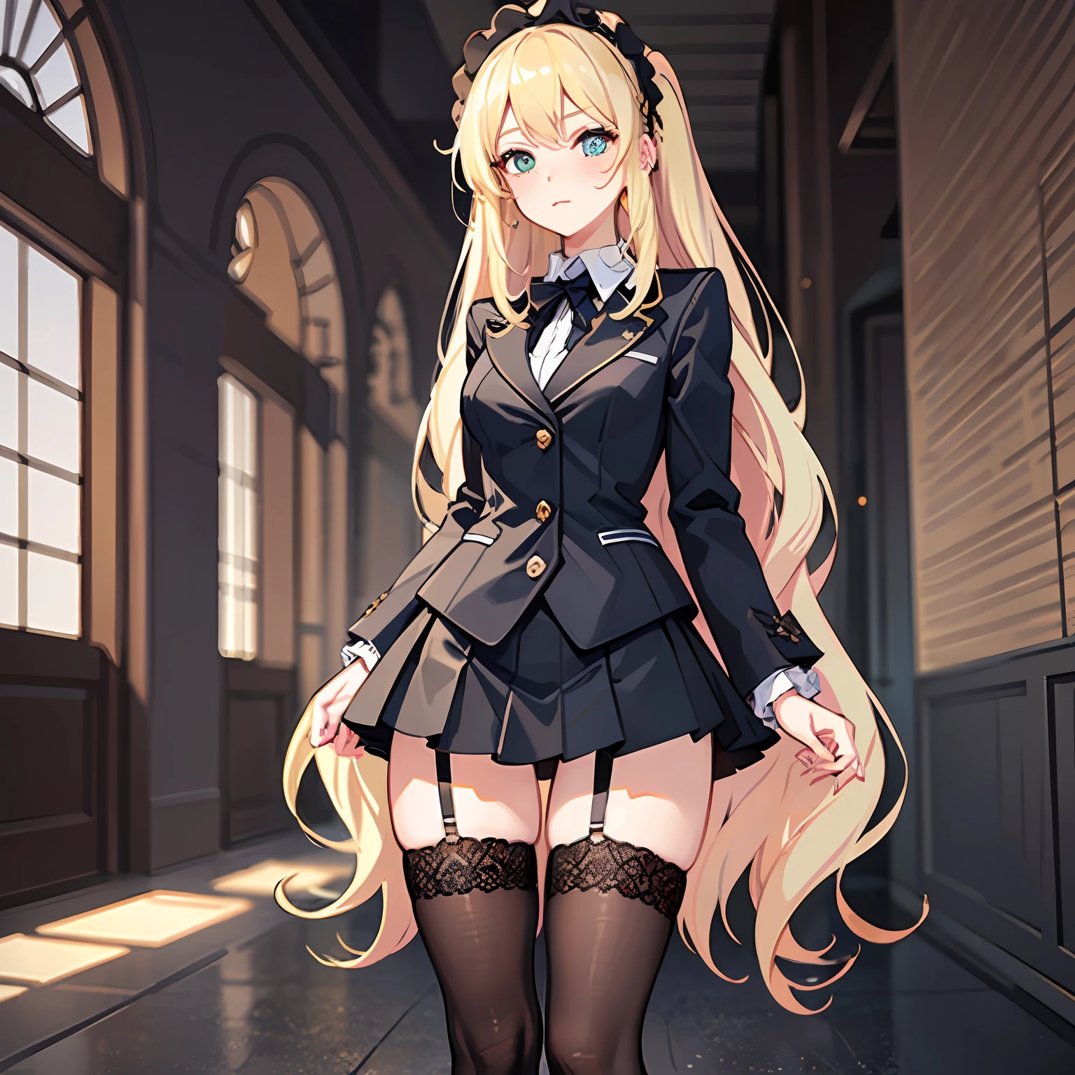 1girll，(Long fluffy blonde hair:1.6)，Business suit，Skirt that wraps hips，black long socks，Mature and beautiful，Rich and noble families，Stand in the corridor of the villa，Holding a beautiful gift box，flustered, full blush, grimace, ripped apart, panicking，looking at viewert，Ultra-detailed CG，Exquisite facial features，Clear facial expressions，Detailed digital anime art，Digital anime art，High quality anime art style, beautiful legs, lace stockings, ultra short skirt, lolita,(full body photo:1.2)