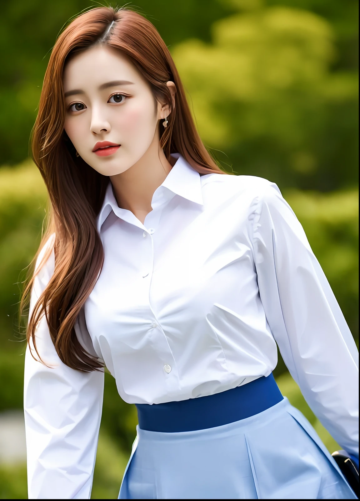 a close up of a woman in a skirt and shirt, japanese model, korean women's fashion model, wearing white shirt, wearing a blouse, mid shot portrait, clothed in white shirt, 奈良美智, cute young woman, dilraba dilmurat, beautiful asian girl, gorgeous young korean woman, closeup portrait shot