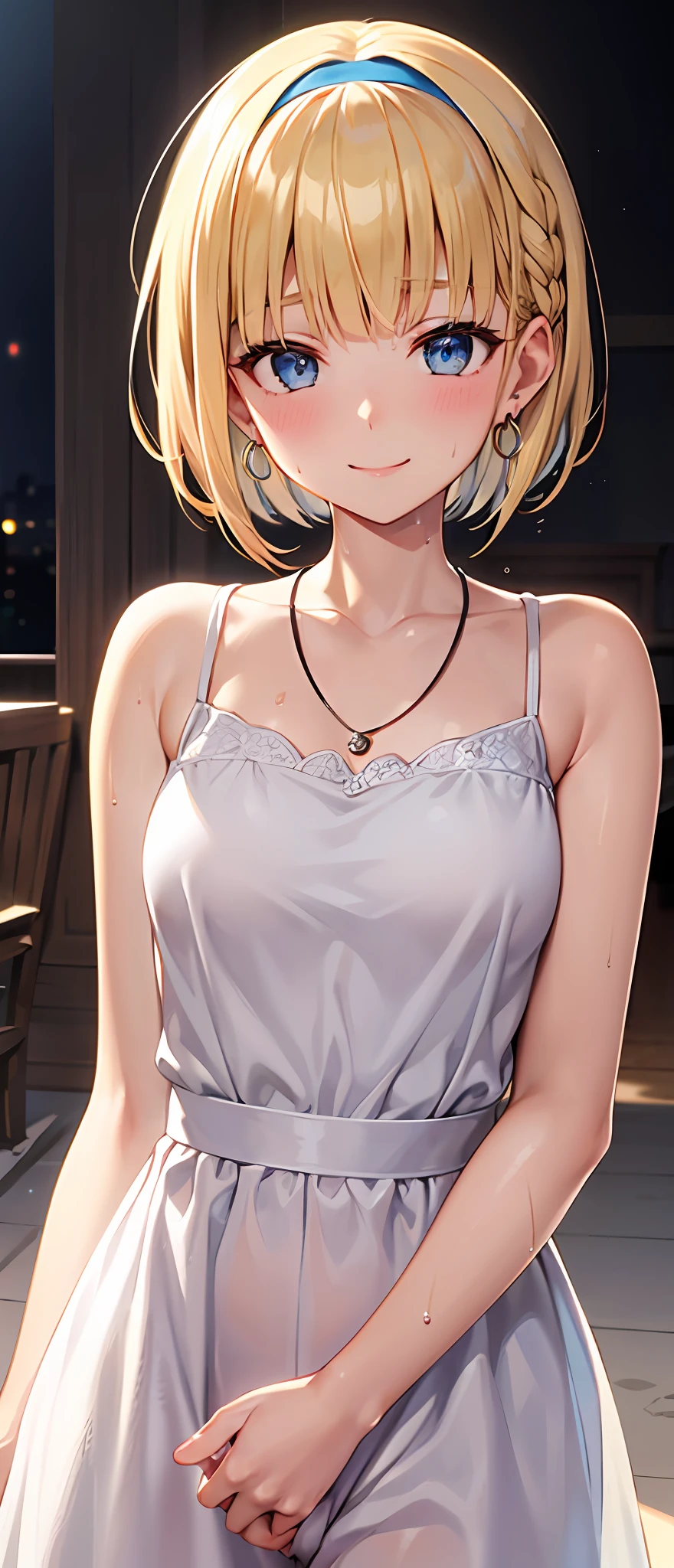 best quality,masterpiece,shiny blonde,blue eyes,white clothes, look down on, upper body,hair strand,Fair skin,short bob,wet through,french braid,blushing and red,blunt bangs,headband,simple necklace,hoop earrings,gladient hair,smile gently,camel toe,left sideburn is longer than right one