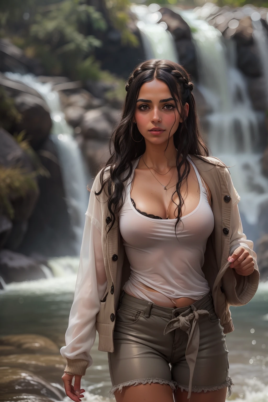 ((Freda Pinto steht unter einem Wasserfall)), ((schlanke junge Frau)), (kleiner Kopf), ((natural skin texture)), ((white sport-shorts)), ((bauchfreies nasses Hemd mit Knoten)), ((round breasts)), (fotorealistisch), (Raytracing), (scharfer Fokus), ((es ist dunkel)), ((braided black hair)), ((cameltoe)), Brustwarzen, ((sehr nasse Kleidung und Haare))