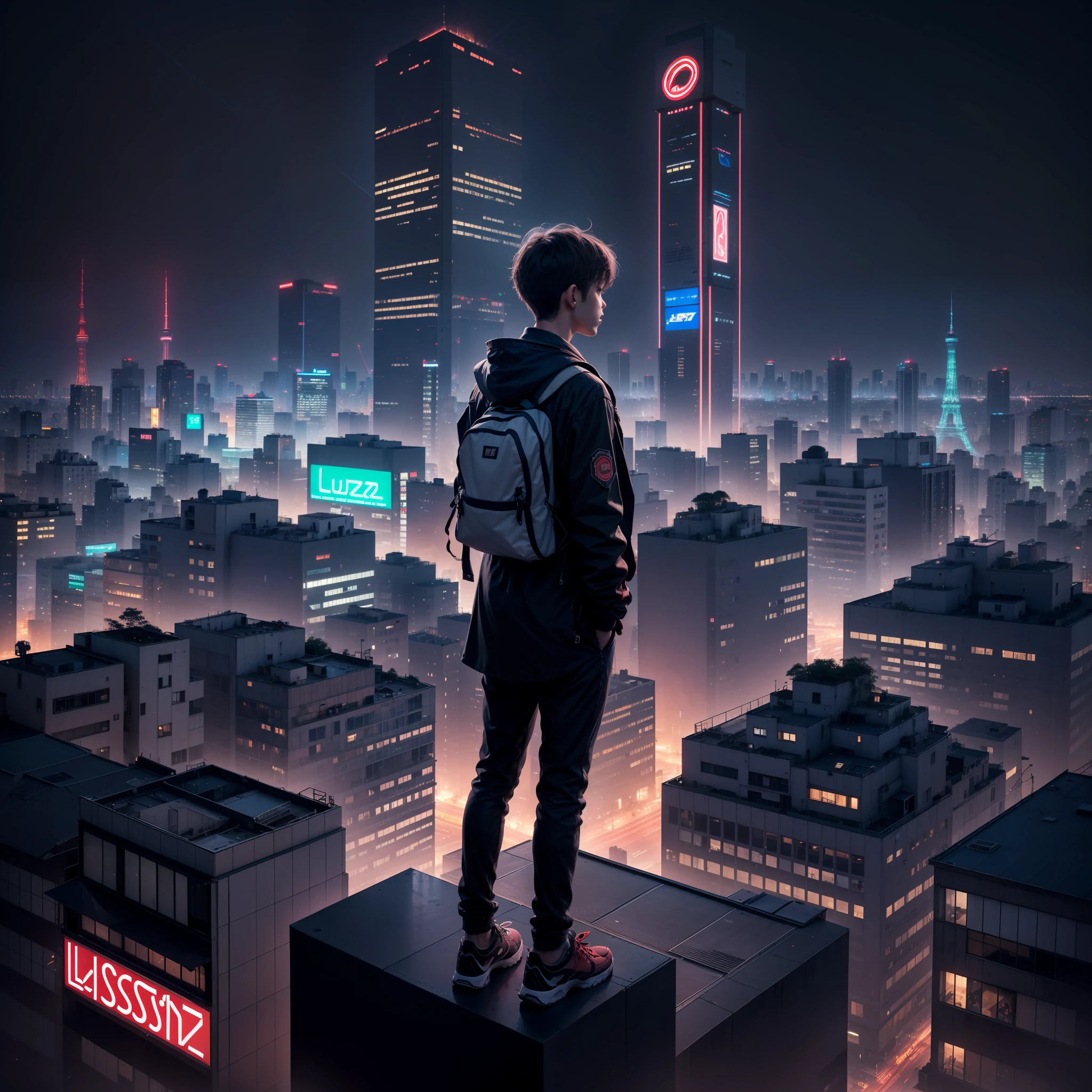 Noite em tokio, luzes neon, a boy on top of a very tall building, bastante luzes