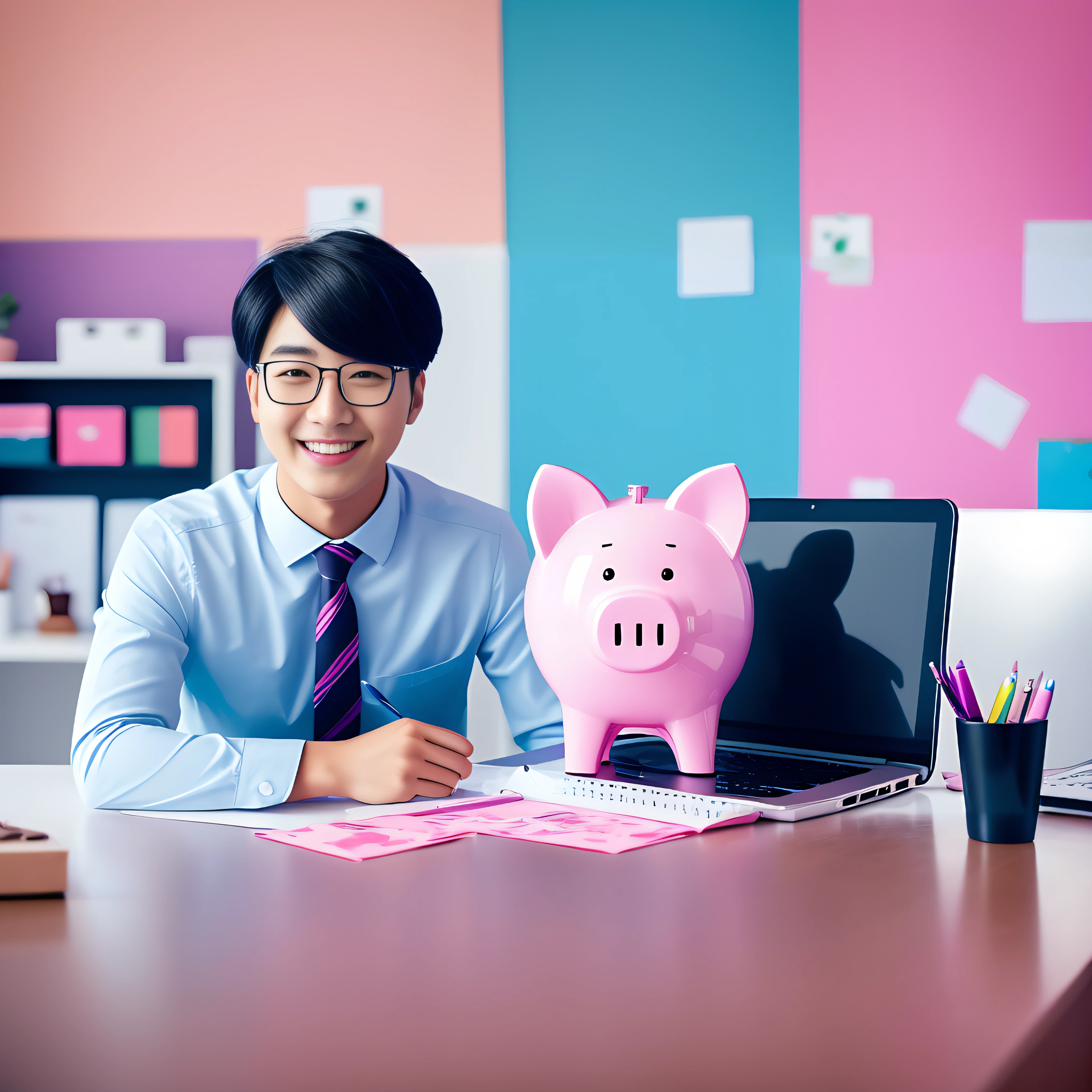 Smiling man sitting at desk,Holding a laptop and piggy bank, Beginner, South Korean male, money sign pupils, photo shot, basic photo, blue and pink color scheme, subject is smiling, portrait shooting, istockphoto, with soft pink colors, snapshot, corporate photo, High budget, advertising photograph, sakimichan frank franzzeta, pink and blue color